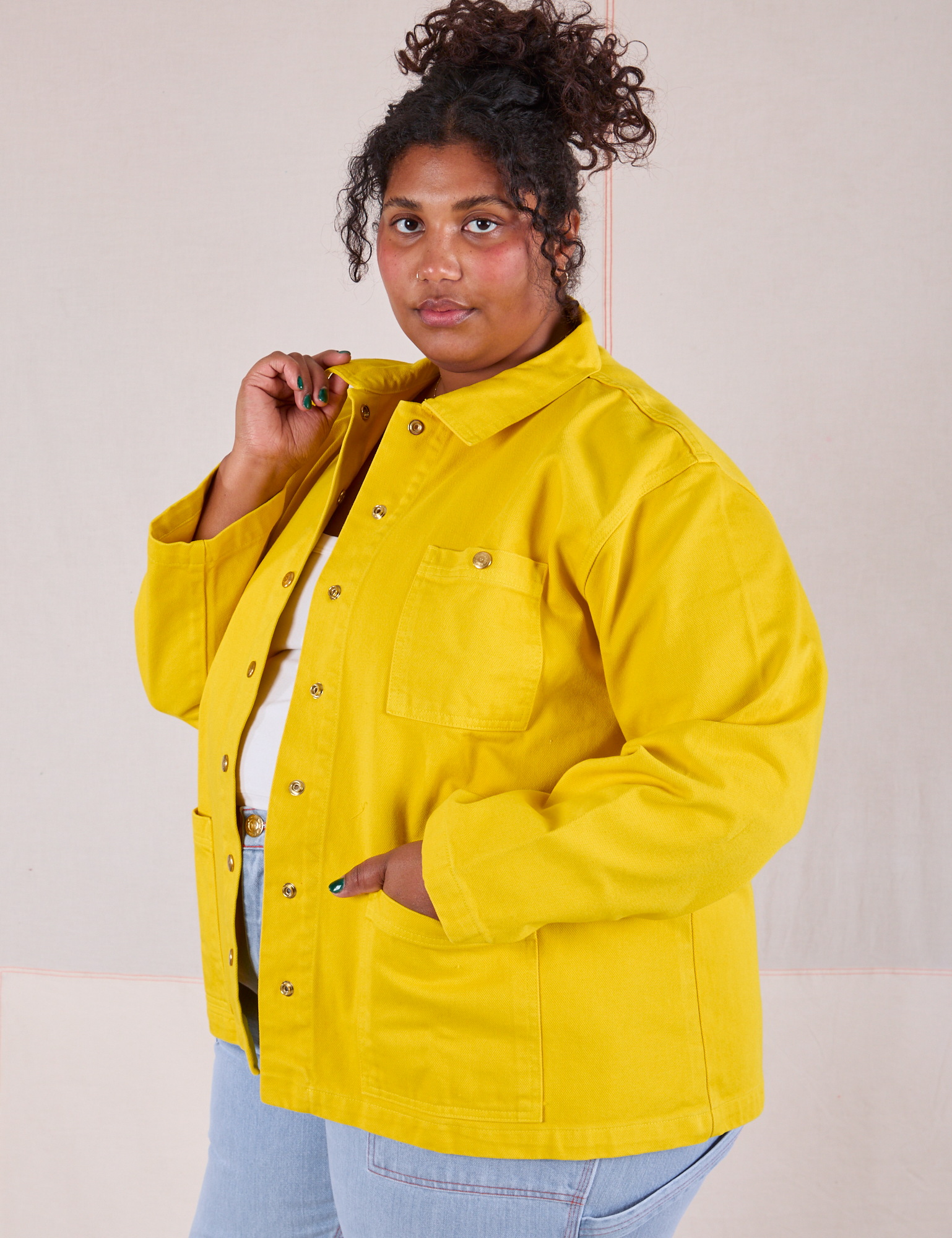 Denim Work Jacket in Golden Yellow side view on Morgan