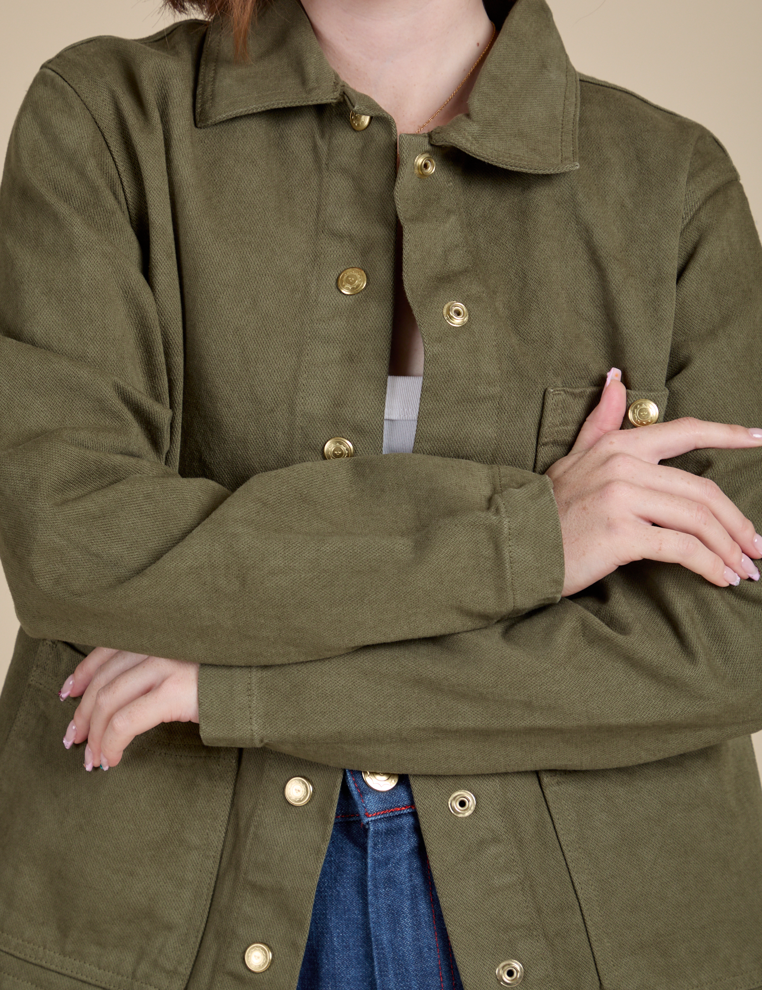 Denim Work Jacket in Surplus Green front close up on Hana