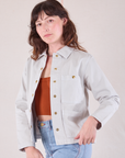 Denim Work Jacket in Stone White angled front view on Alex