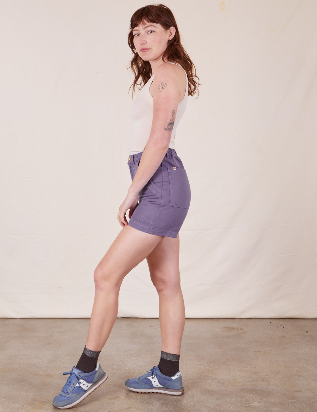 Side view of Classic Work Shorts in Faded Grape worn by Alex