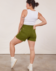 Back view of Classic Work Shorts in Summer Olive and Cropped Tank Top in vintage tee off-white on Tiara