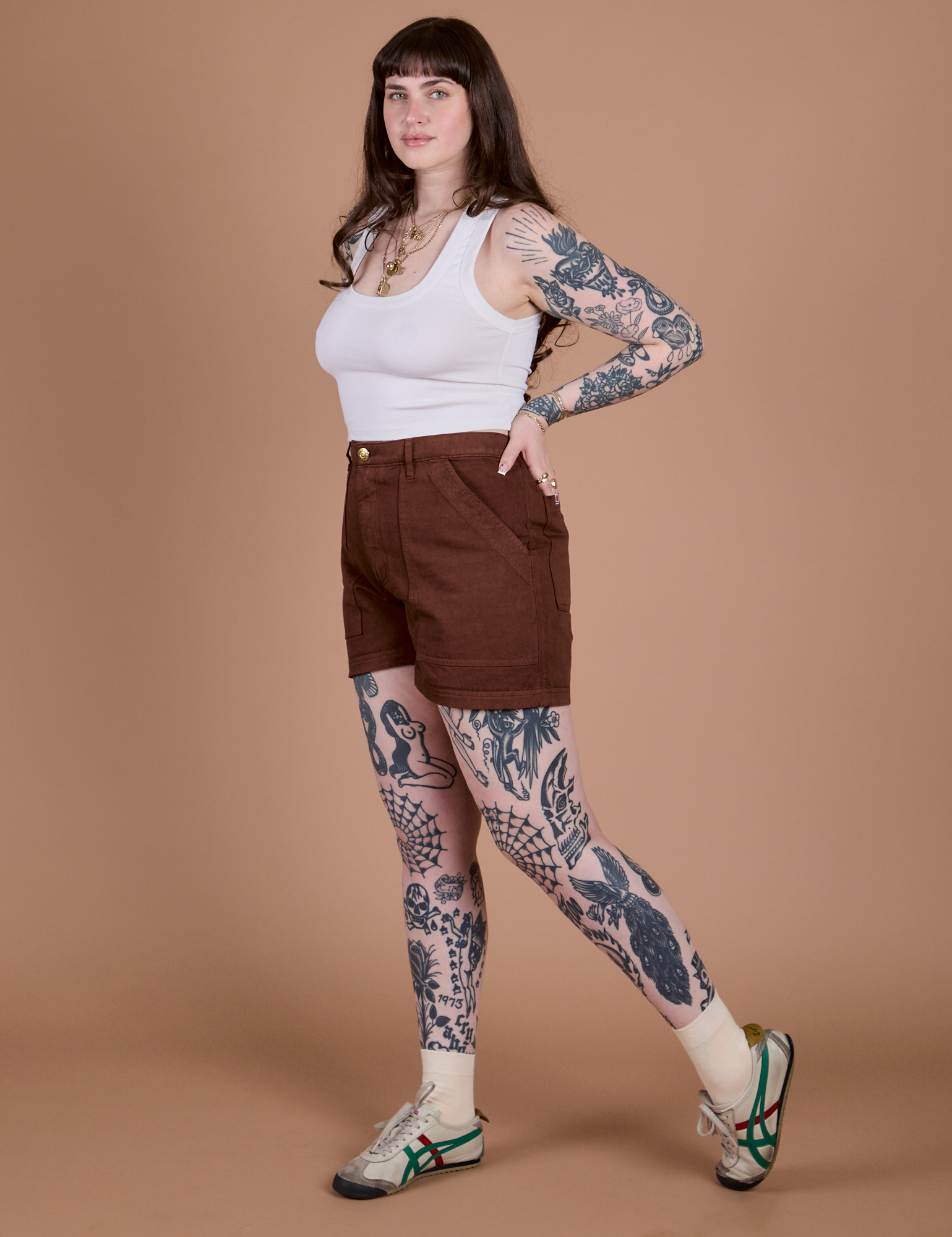 Angled front view of Classic Work Shorts in Fudgesicle Brown and Cropped Tank in Vintage Tee White on Sydney