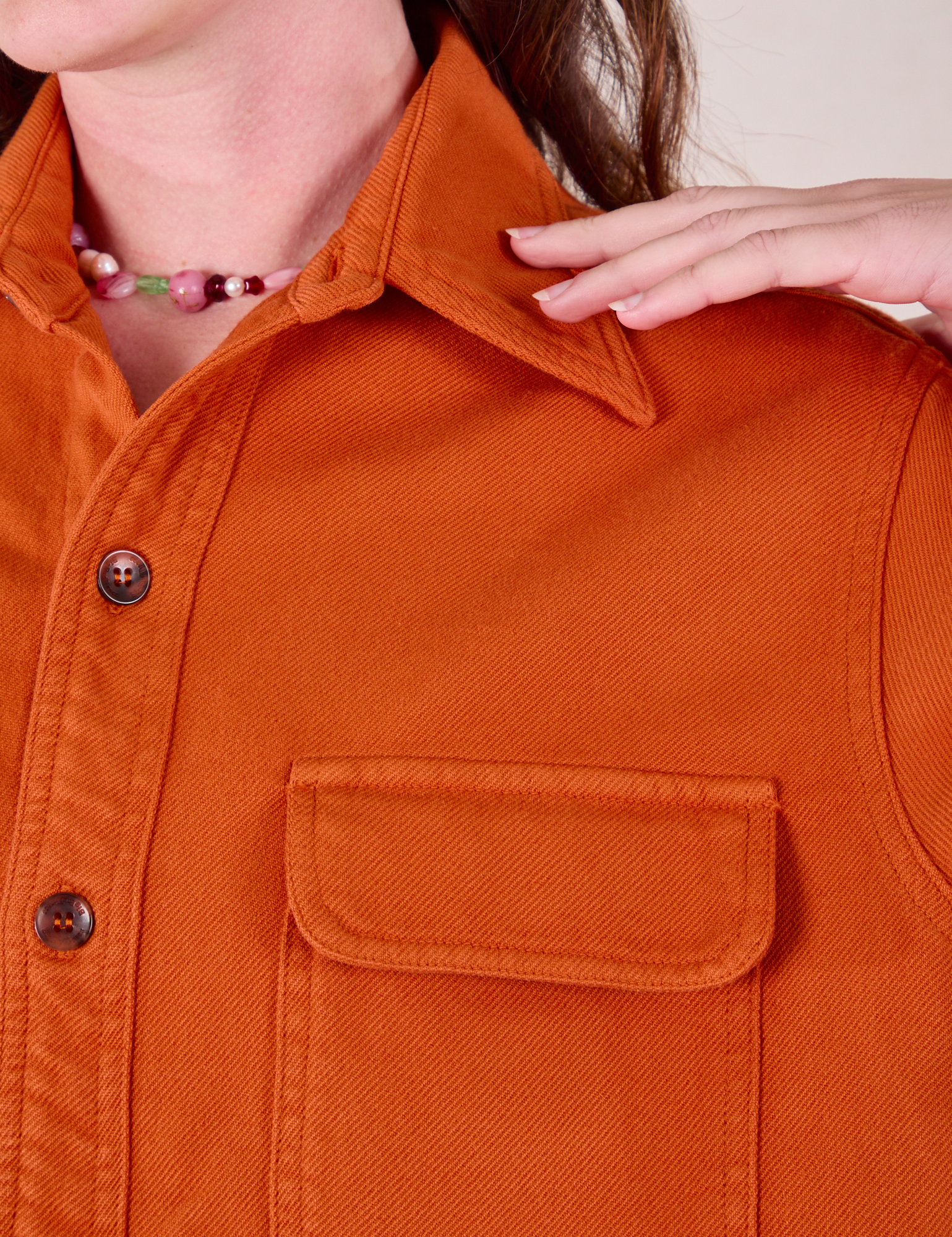 Flannel Overshirt in Burnt Orange close up on Alex