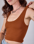 Cropped Tank Top in Burnt Terracotta angled front view close up on Alex