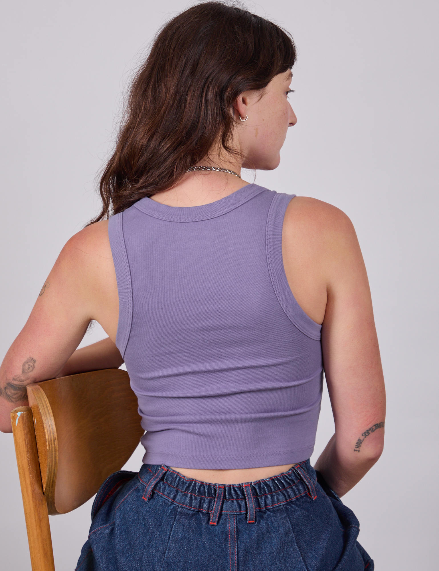 Cropped Tank Top in Faded Grape back view on Alex