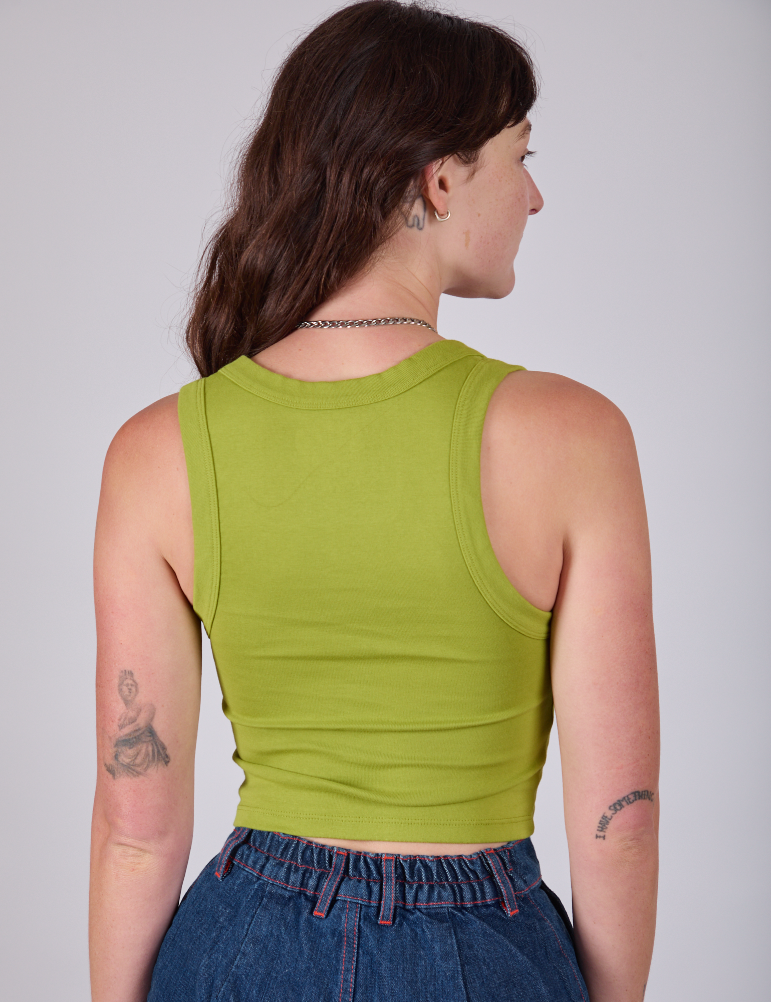 Cropped Tank Top in Gross Green back view on Alex