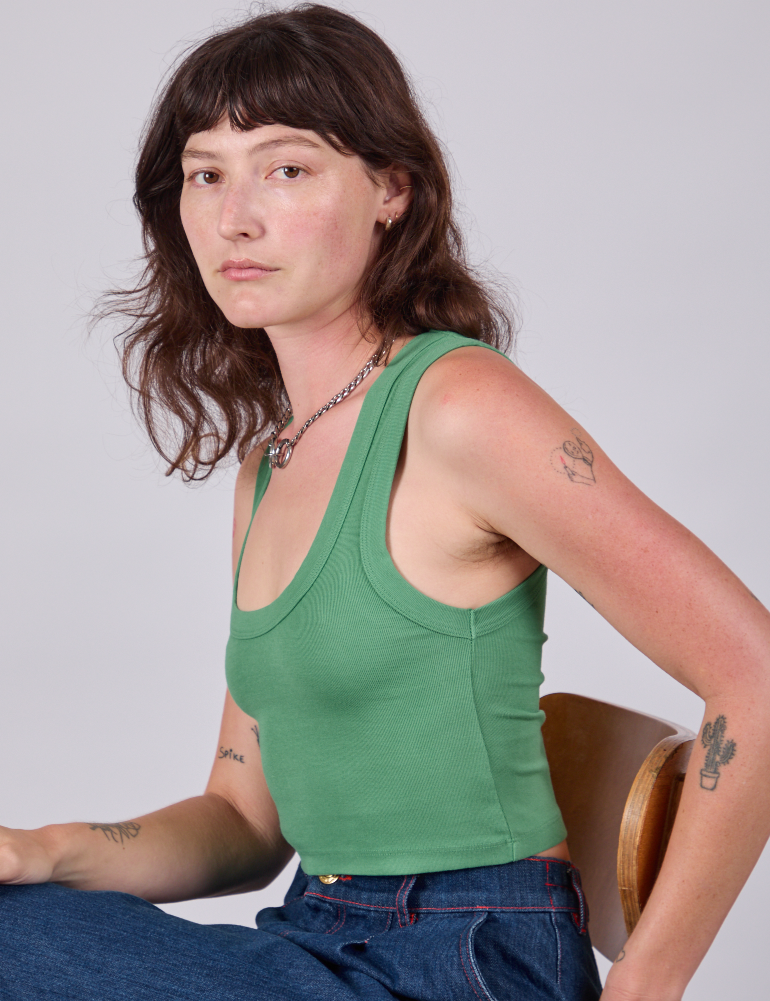 Cropped Tank Top in Seafoam Green side view on Alex