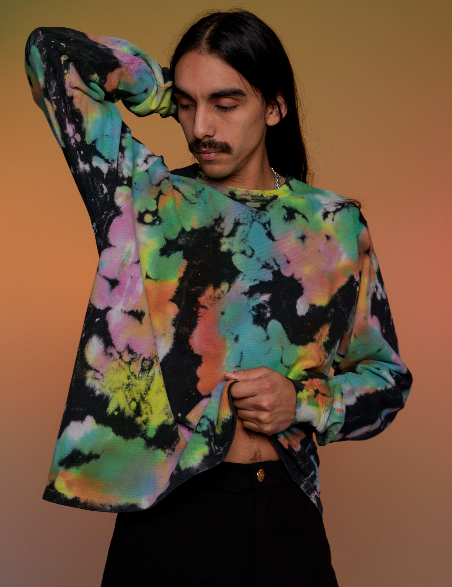 Magic Waters Long Sleeve Burly Tee in Rainbow worn by Anthony