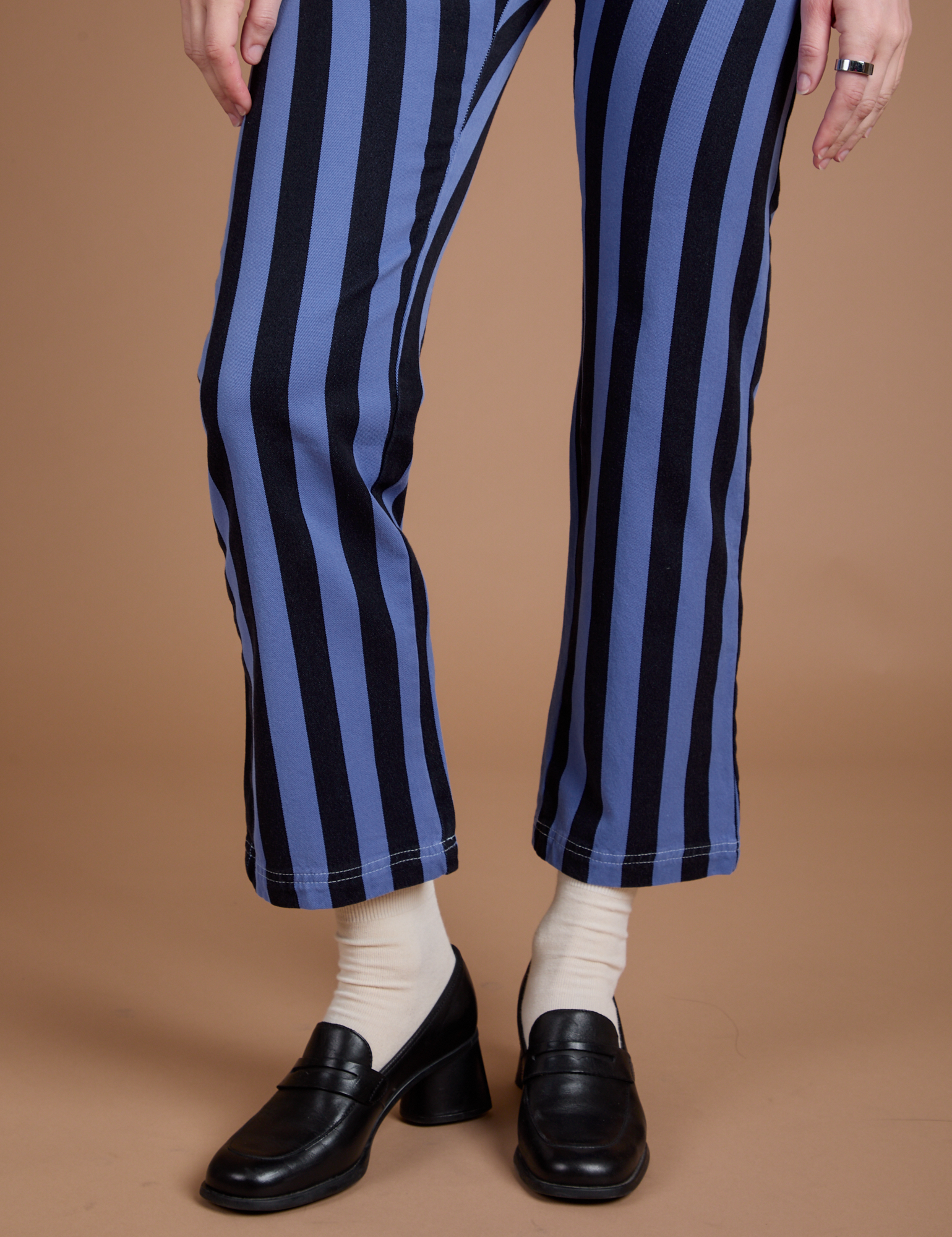 Black Stripe Work Pants in Cornflower Blue pant leg close up on Alex