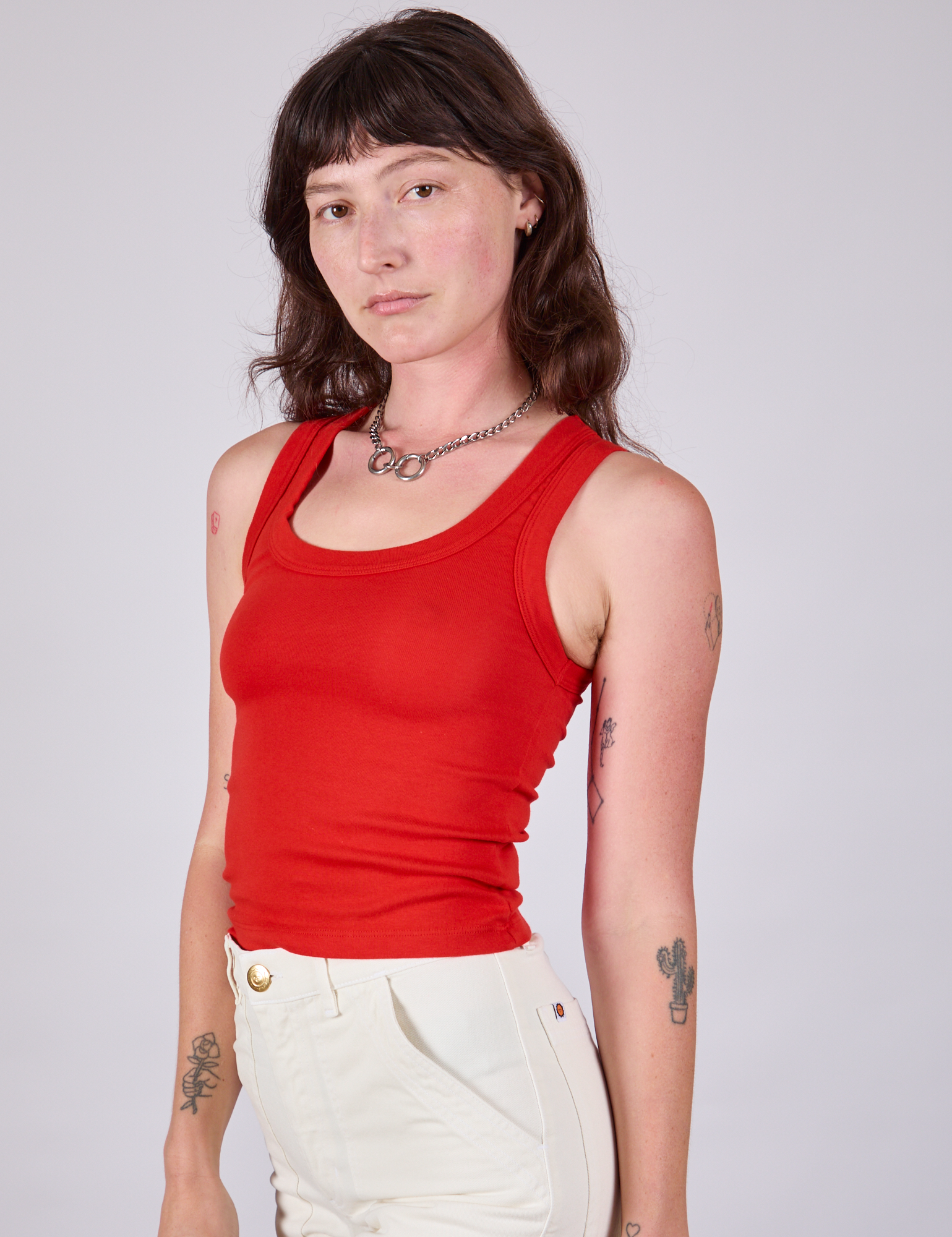 Tank Top in Mustang Red angled front view on Alex