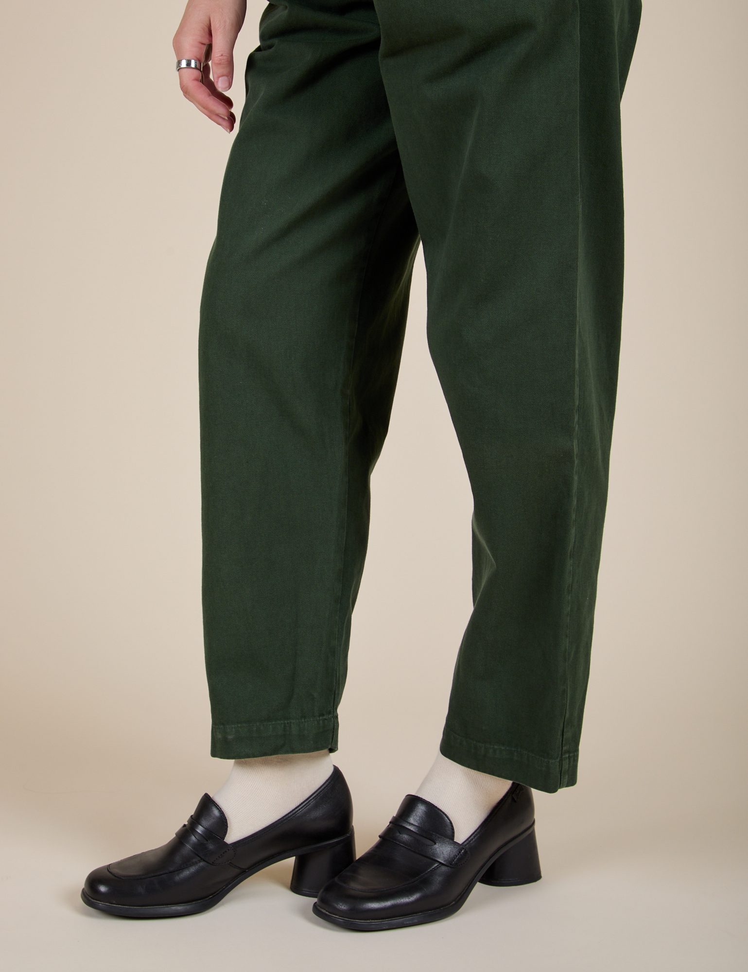 Heavyweight Trousers in Swamp Green pant leg close up on Alex