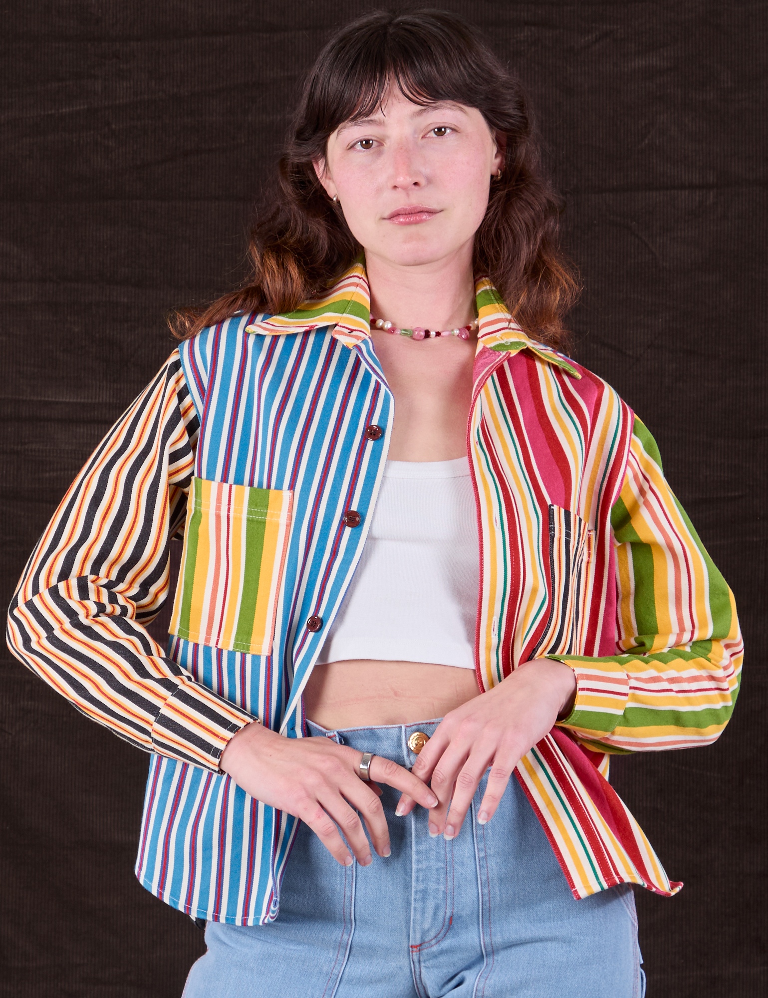 Alex is wearing Cropped Overshirt in Mixed Stripe with a Cropped Cami in vintage tee off-white underneath