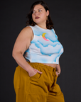 Angled side view of Kristen in the Morning Moon Airbrush Muscle Tee