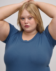 Front close up of Baby Tee in French Blue on Juliet