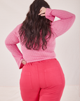 Back view of Bell Sleeve Top in Bubblegum Pink and hot pink Work Pants worn by Ashley
