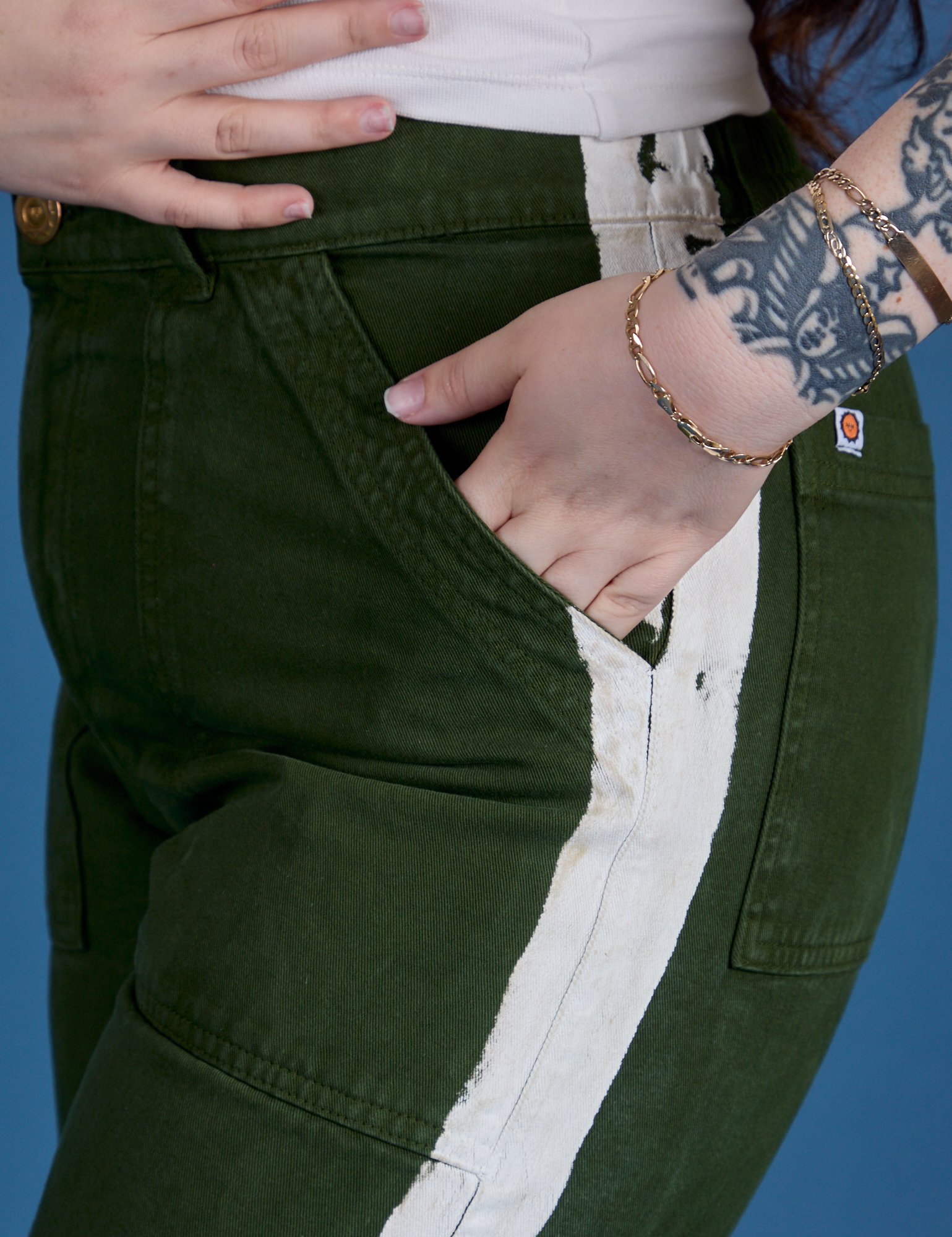 Painted Work Pants in Evergreen side view close up