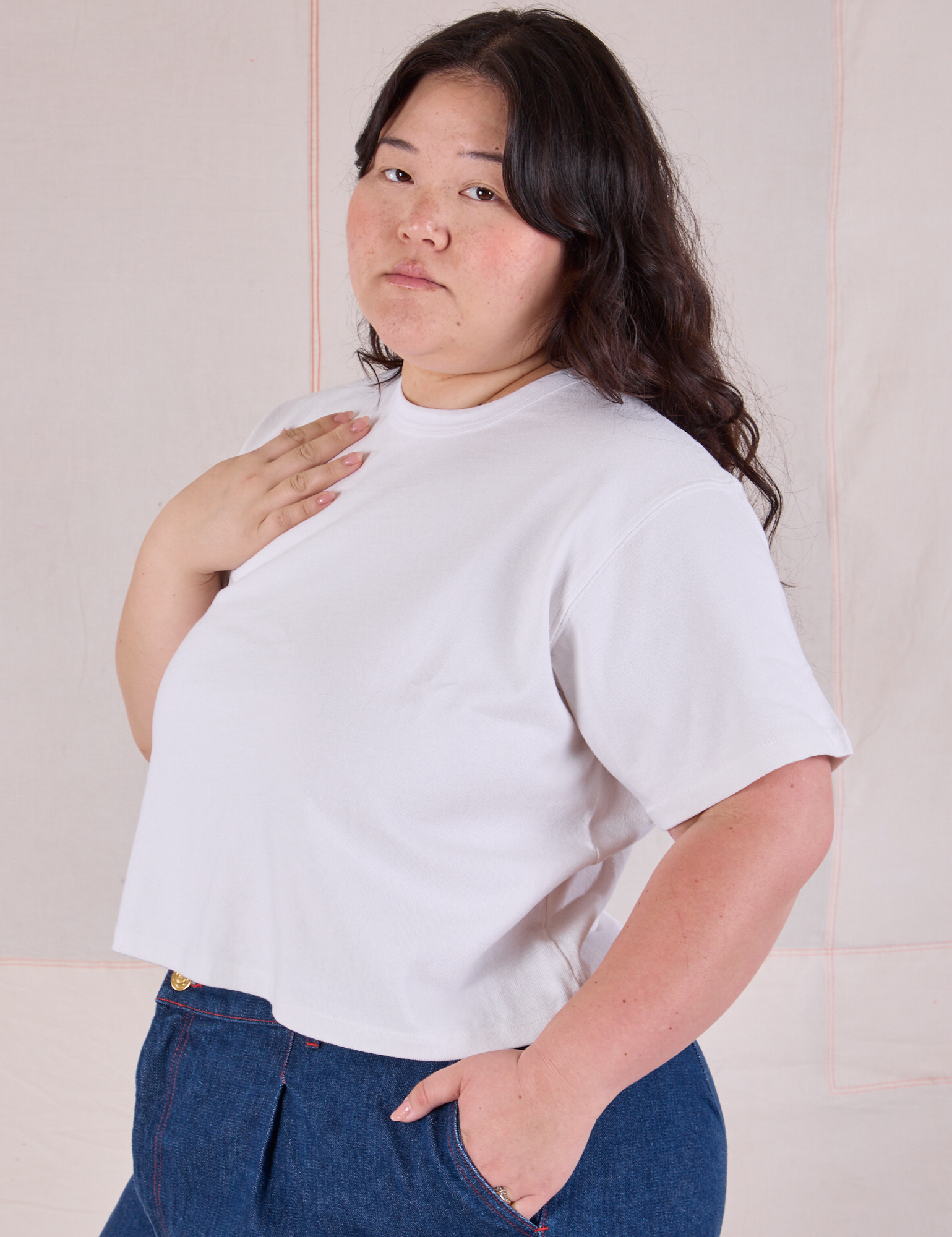 Cropped Burly Tee in Vintage Tee White angled front view on Ashley