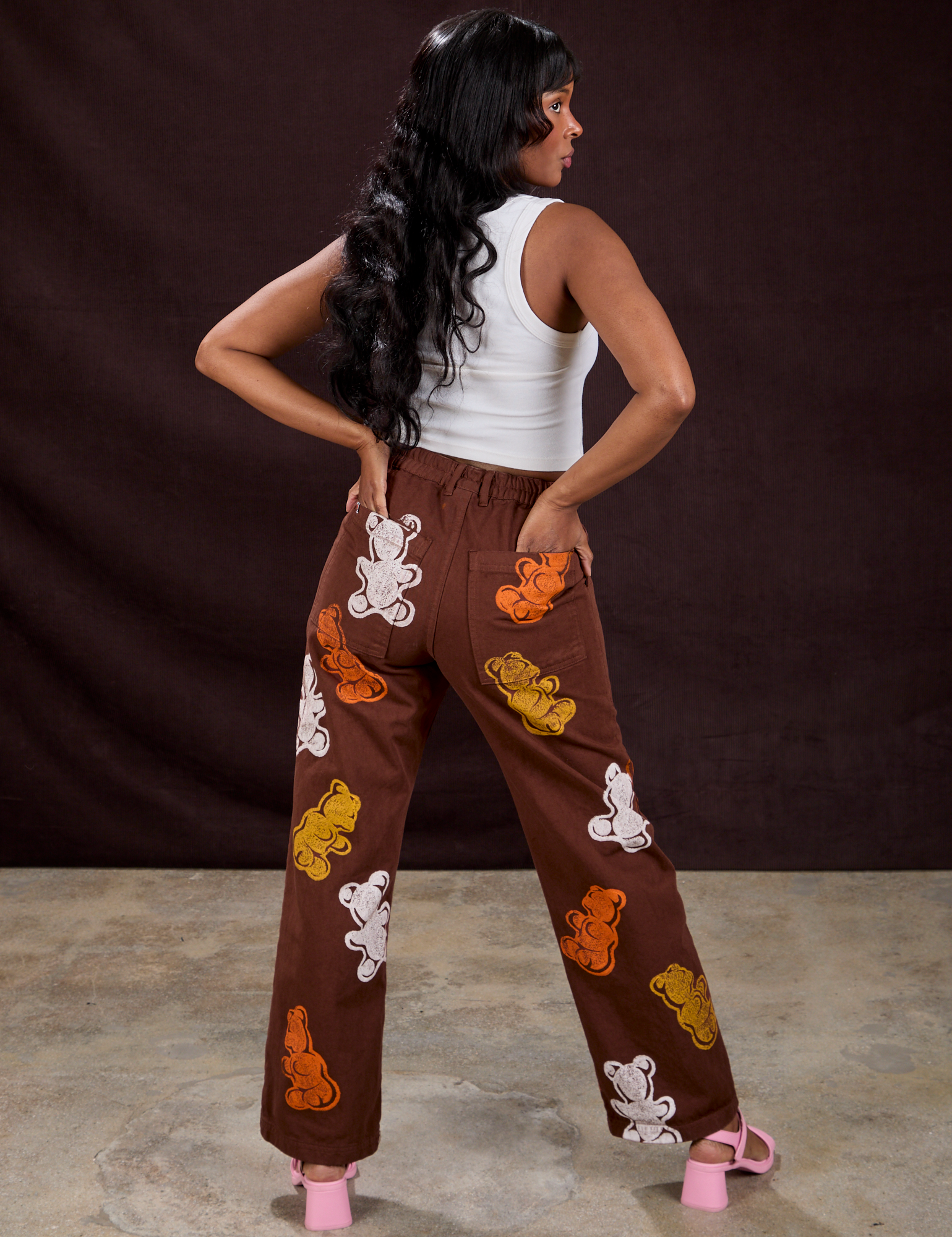 Gummy Bear Paintstamped Work Pants in Fudgesicle Brown back view on Kandia