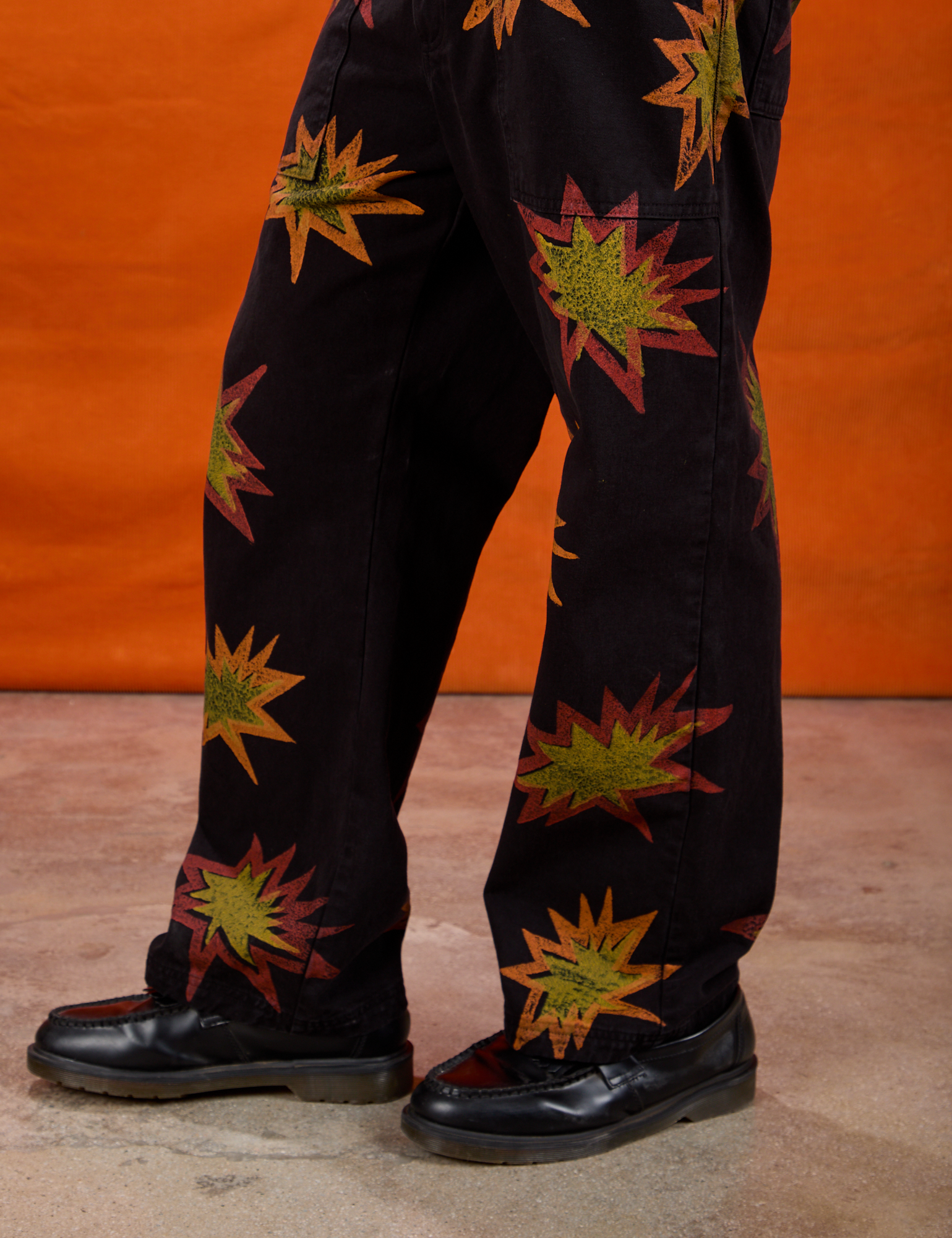 Paintstamped Work Pants in Explosion pant leg close up on Isaac