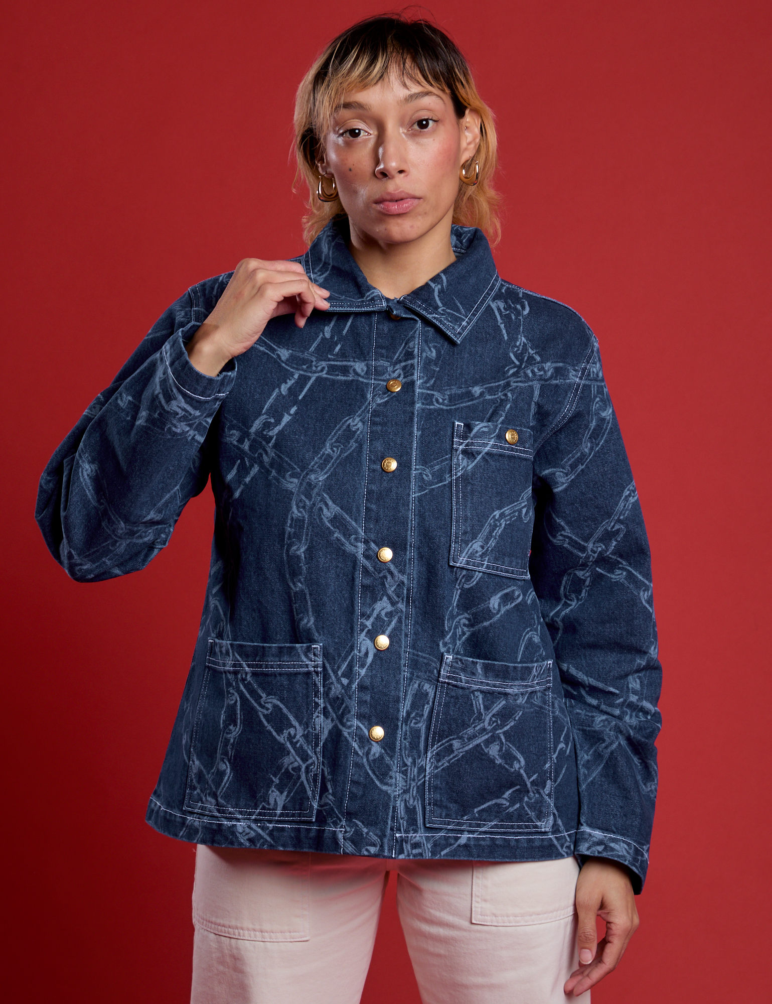 Tiara wearing the Chain Link Work Jacket buttoned up