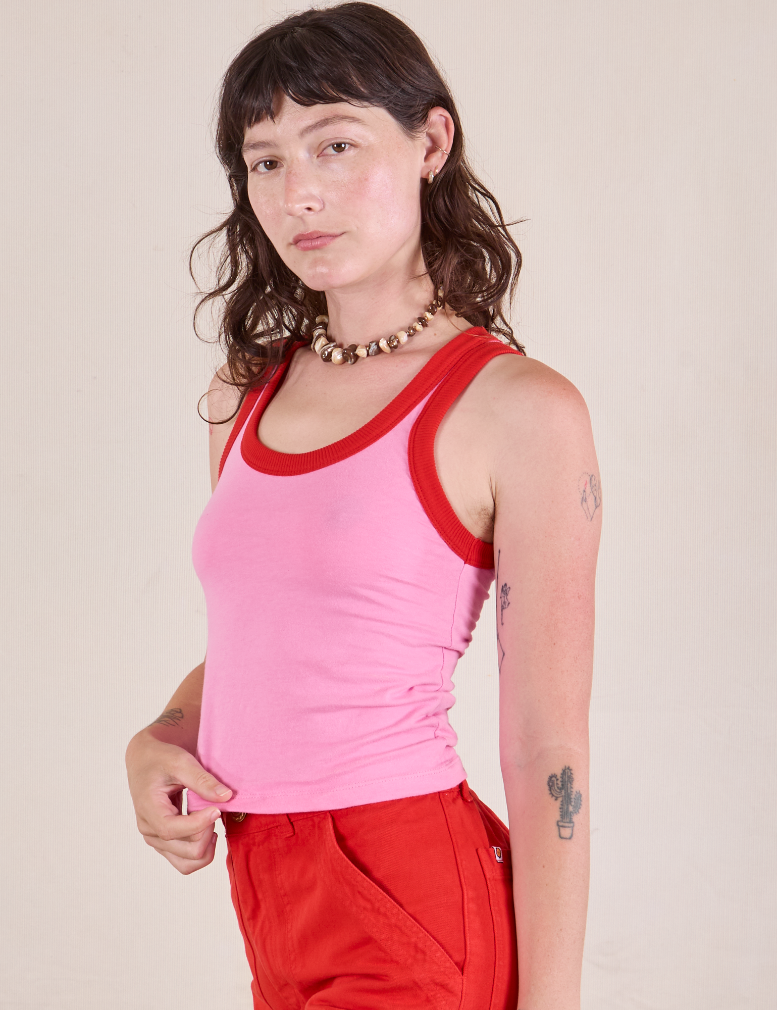 Colorblock Cropped Tank in Bubblegum Pink angled front view on Alex