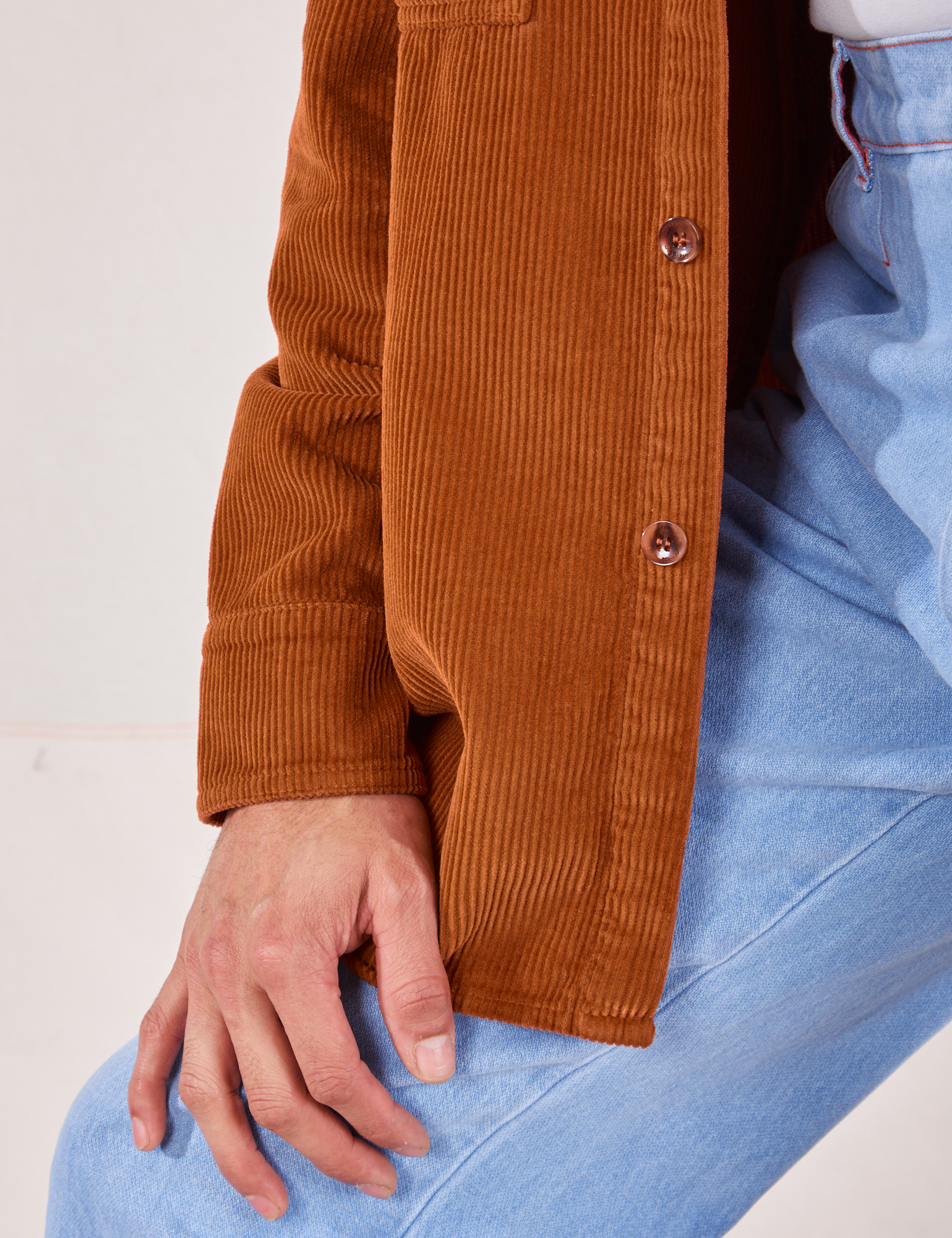 Close up of Corduroy Overshirt in Burnt Terracotta on Jesse