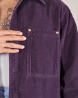 Corduroy Overshirt in Nebula Purple front pocket close up on Jesse