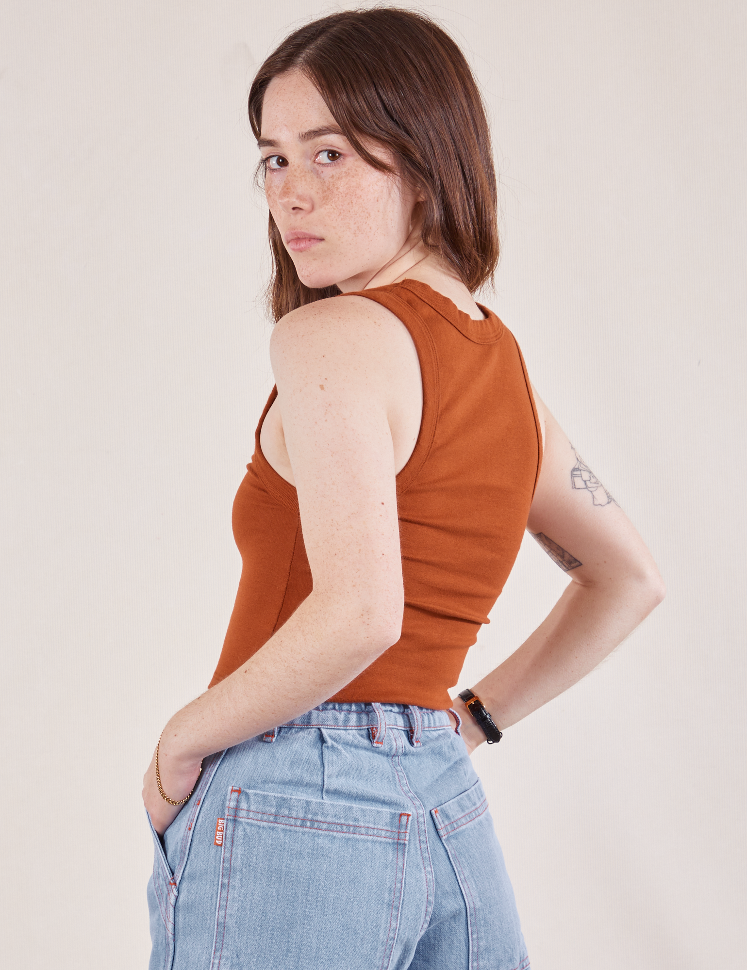 Cropped Tank Top in Burnt Terracotta angled back view on Hana