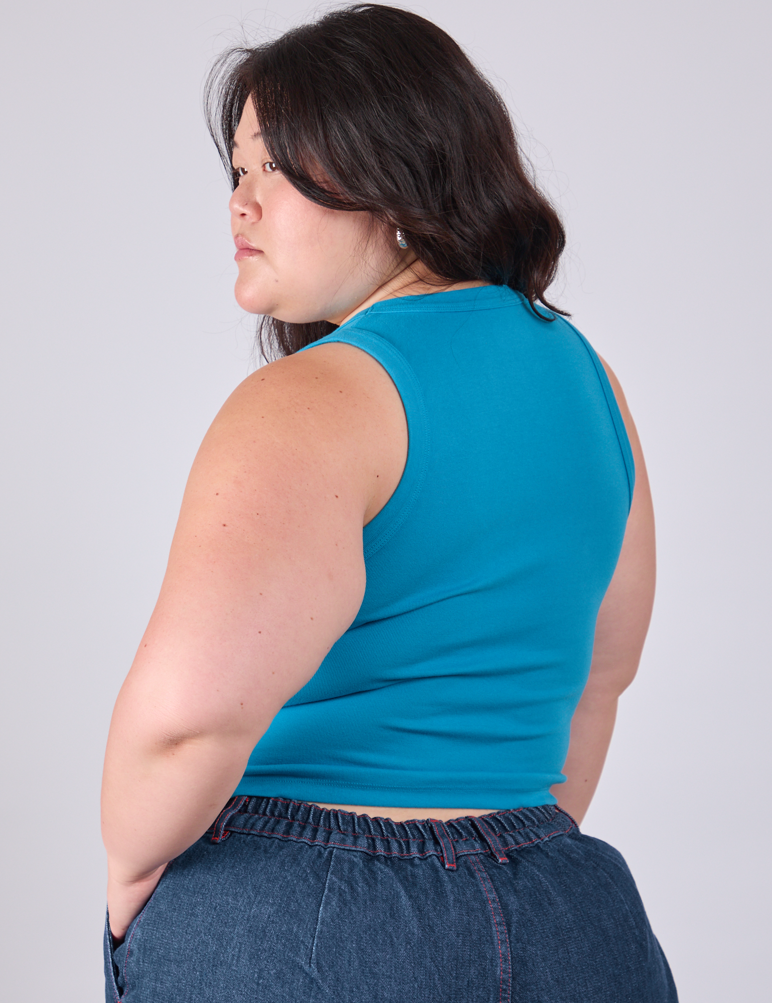 Cropped Tank Top in Hawaiian Blue angled back view on Ashley