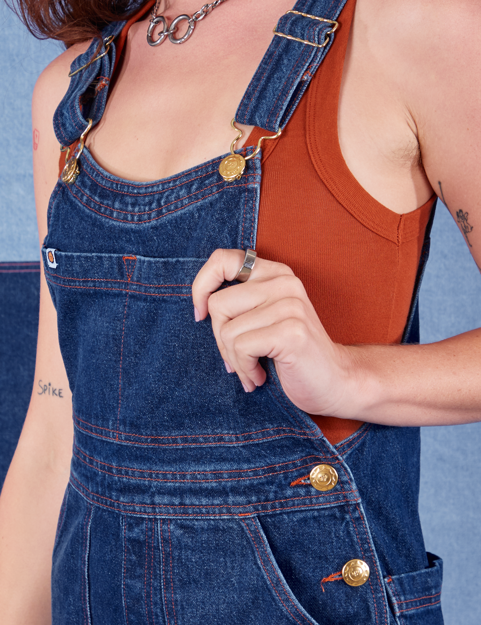 Indigo Denim Original Overalls in Dark Wash side close up on Alex