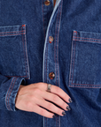 Denim Overshirt in Dark Wash front close up on Alex