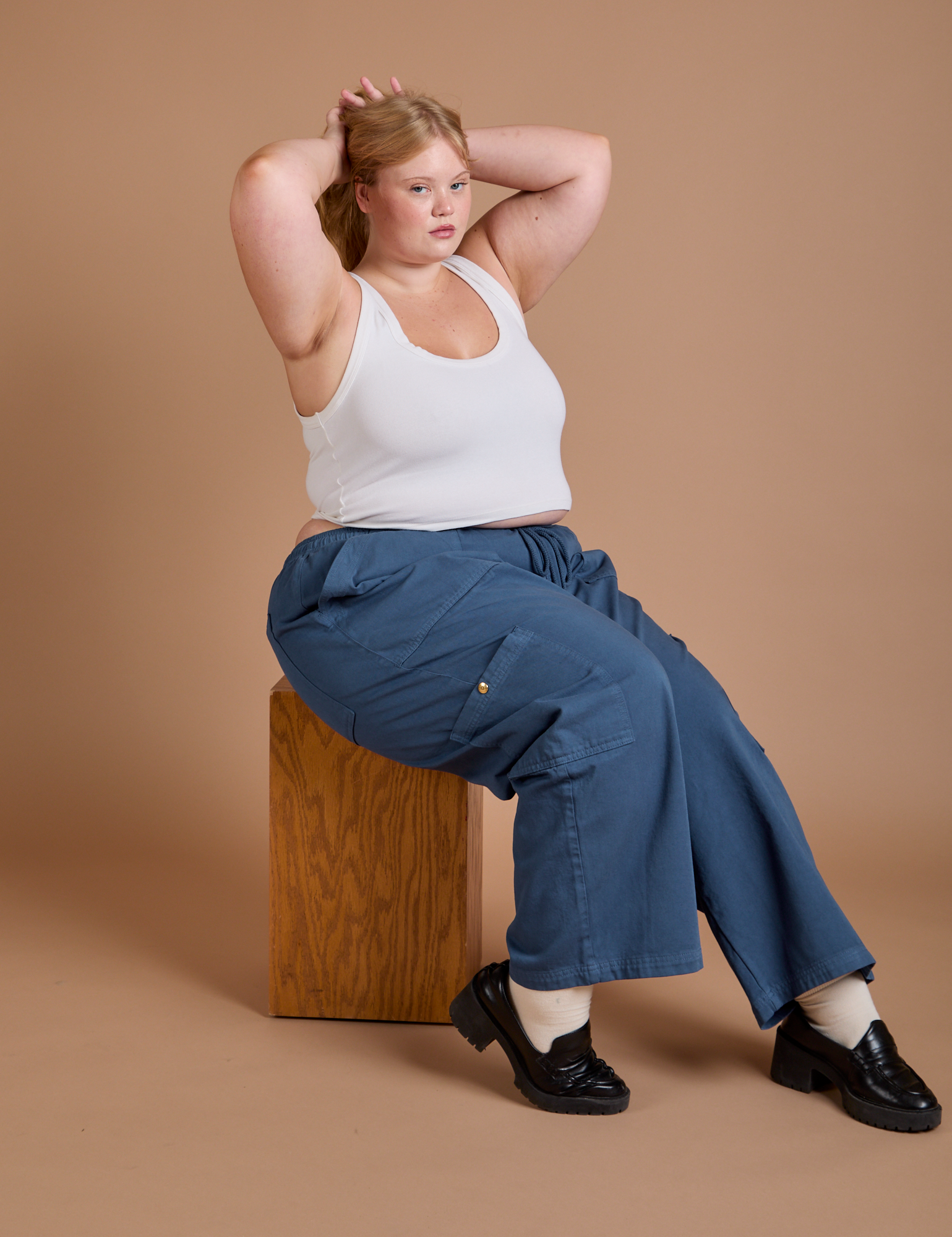 Drop Pocket Cargo Pants in French Blue and vintage tee white Cropped Tank on Juliet