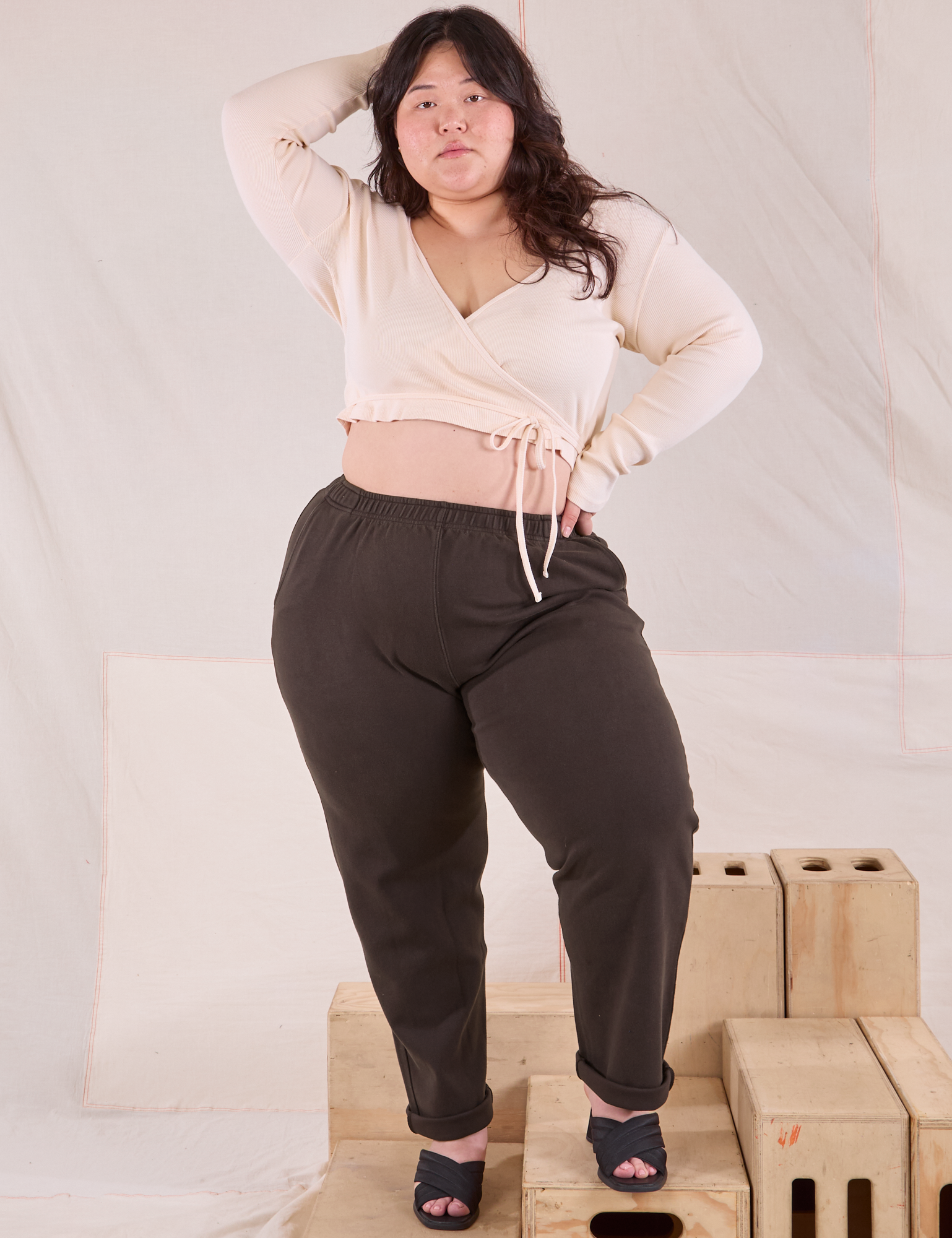 Ashley is wearing Easy Pants in Espresso Brown and vintage tee off-white Wrap Top