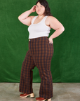 Side view of Gingham Western Pants in Fudge Brown and Cropped Tank in vintage tee off-white on Ashley