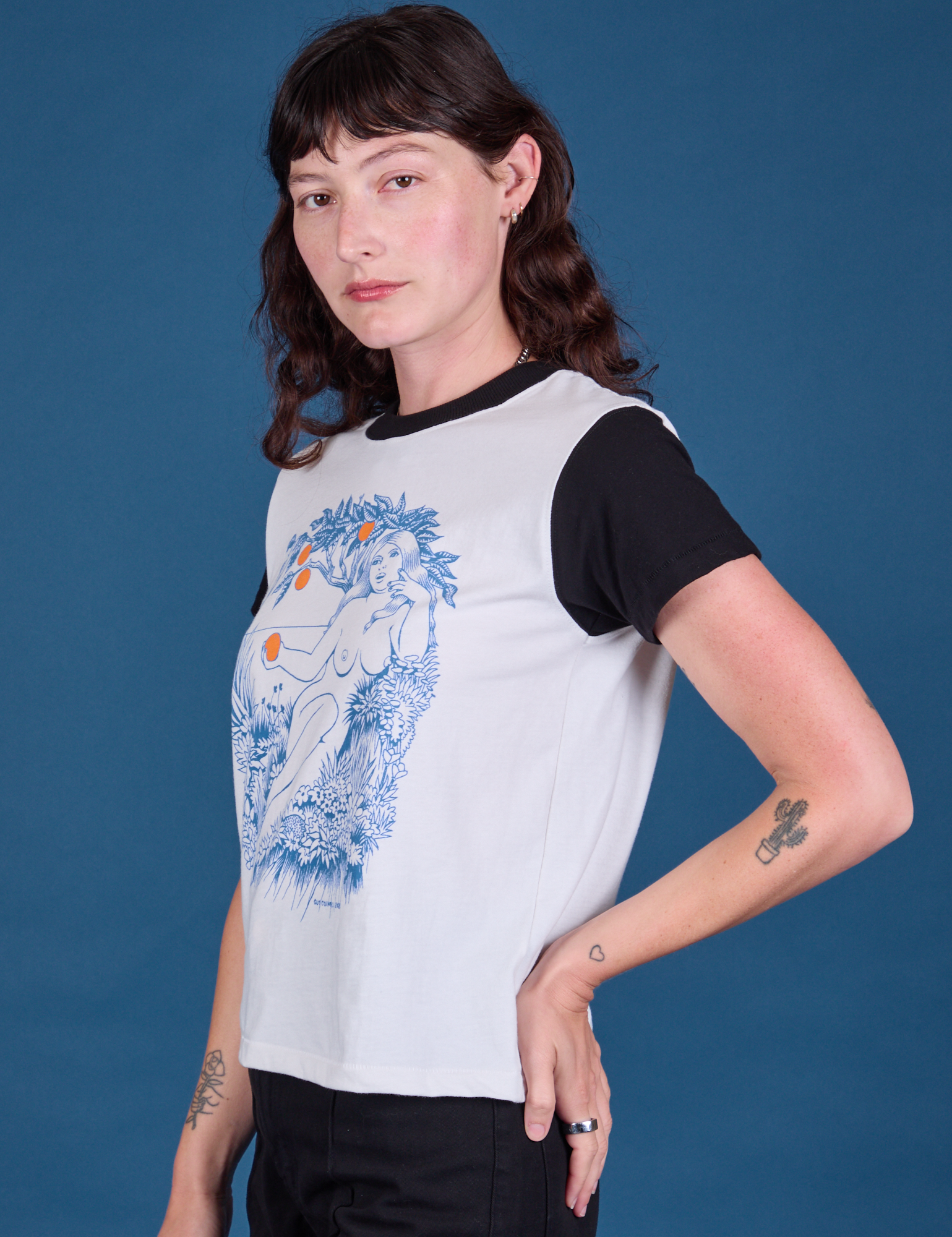 Vintage Tee in California Girl angled front view on Alex