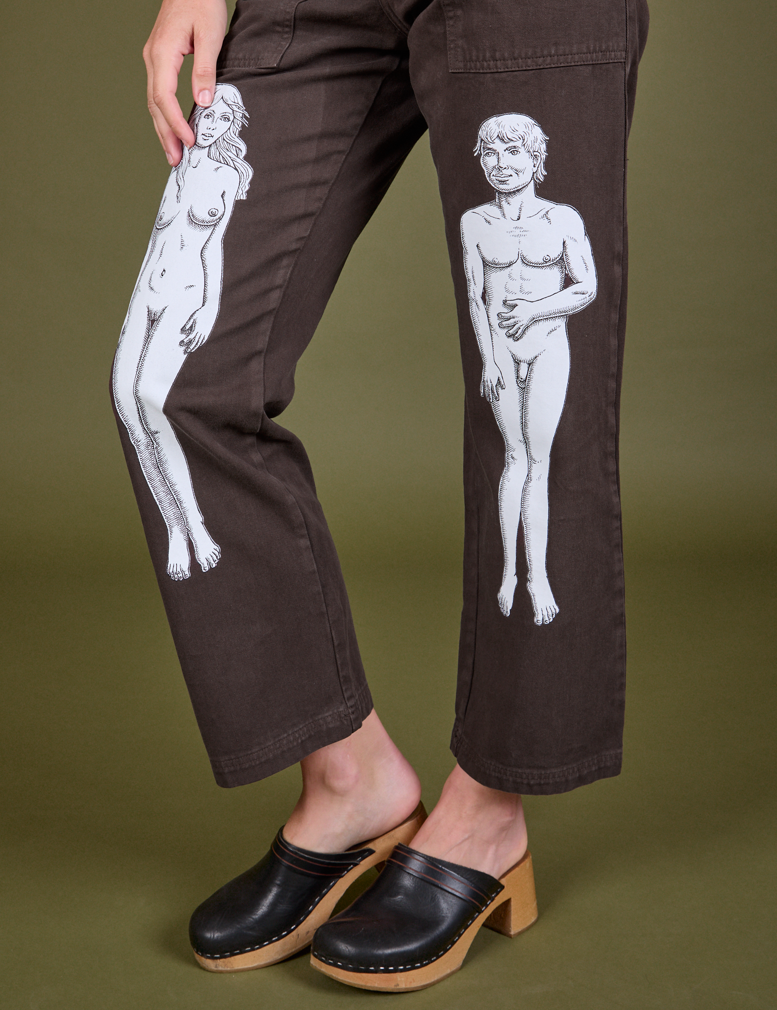 Guy Colwell Work Pants in Woman &amp; Man pant leg close up on Alex