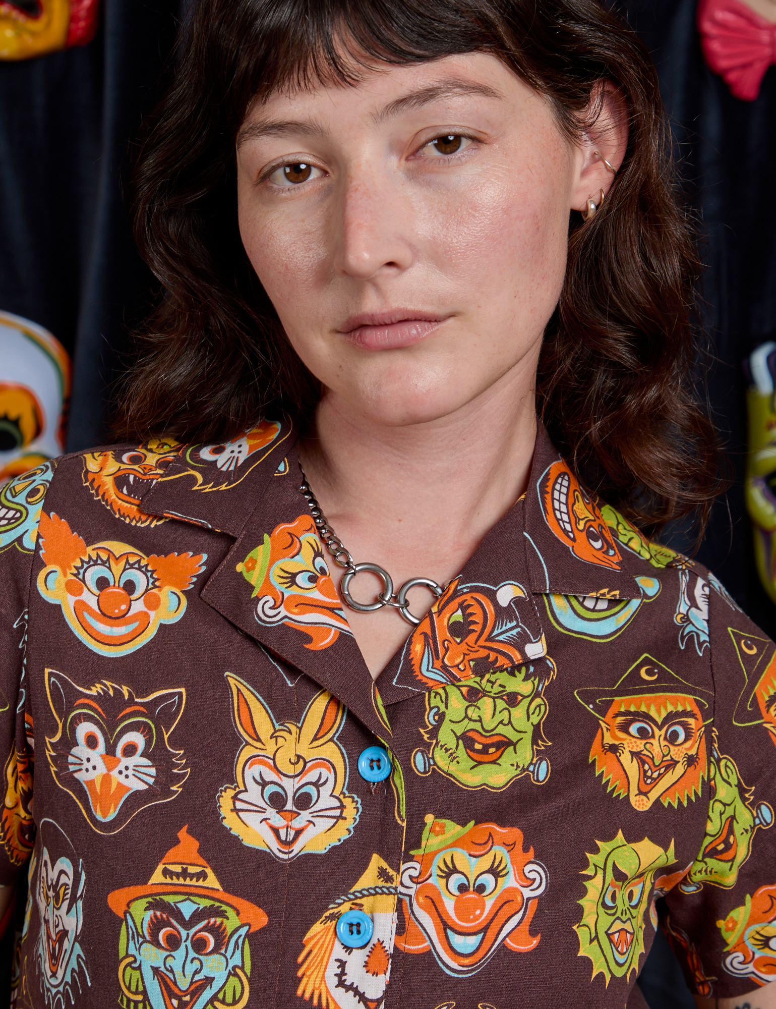 Halloween Masks Pantry Button-Up front close up on Alex
