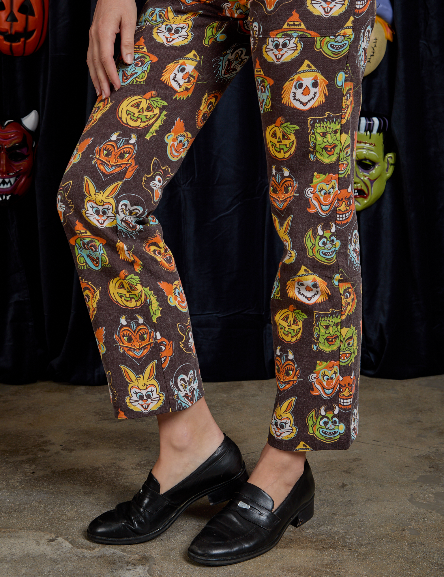 Work Pants in Halloween Masks pant leg close up on Alex