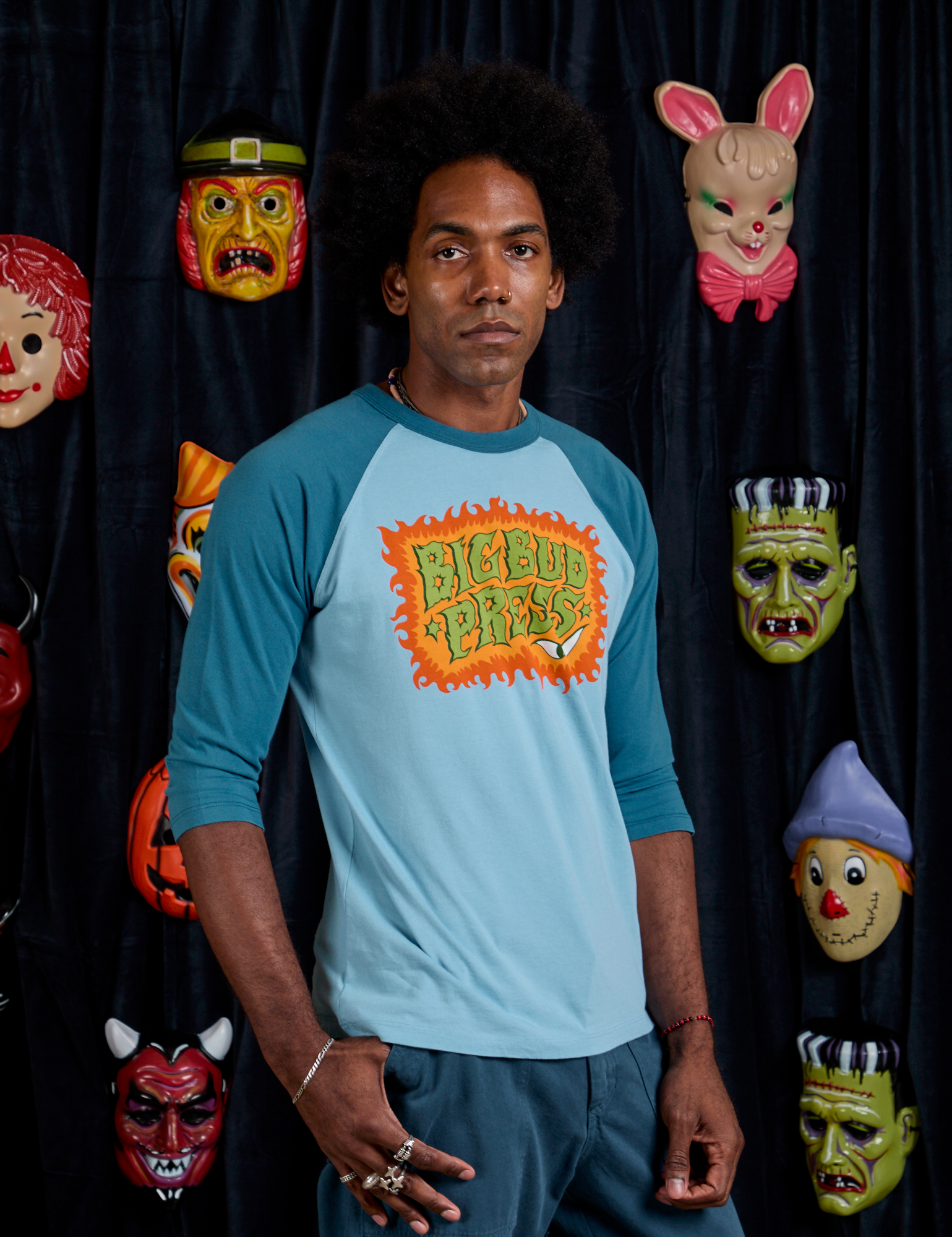 Raglan Tee in Haunted BBP angled view on Jerrod