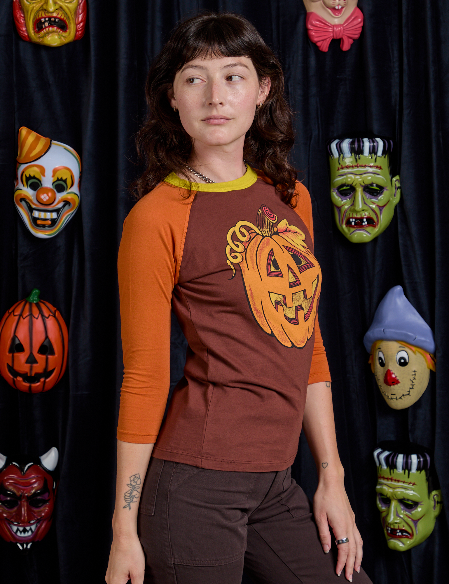 Raglan Tee in Jack-O-Lantern angled front view on Alex