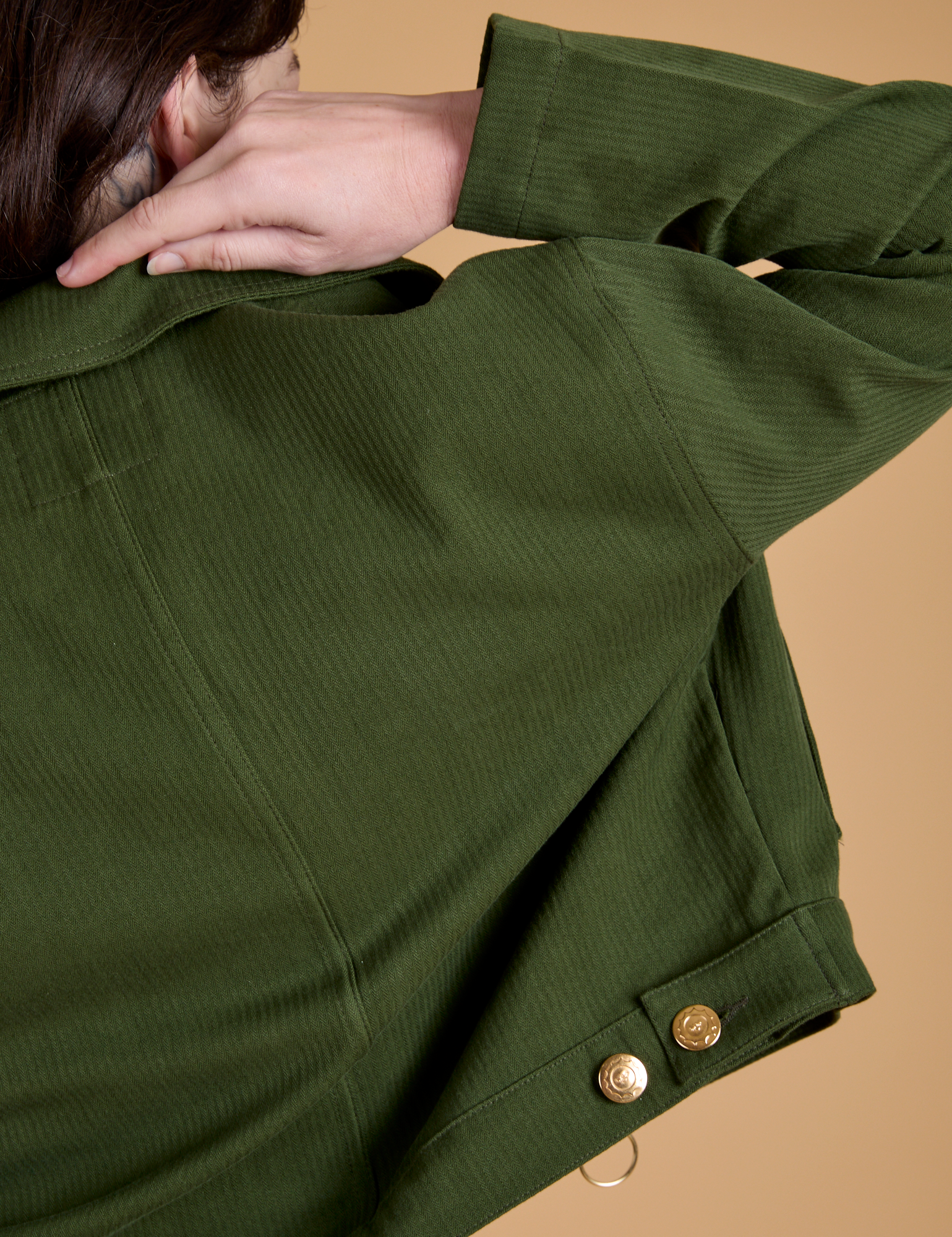 Back view of Heritage Mechanic Jacket in Evergreen on Alex