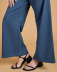 Pant leg close up of Heritage Wide Leg Trousers in French Blue on Alex