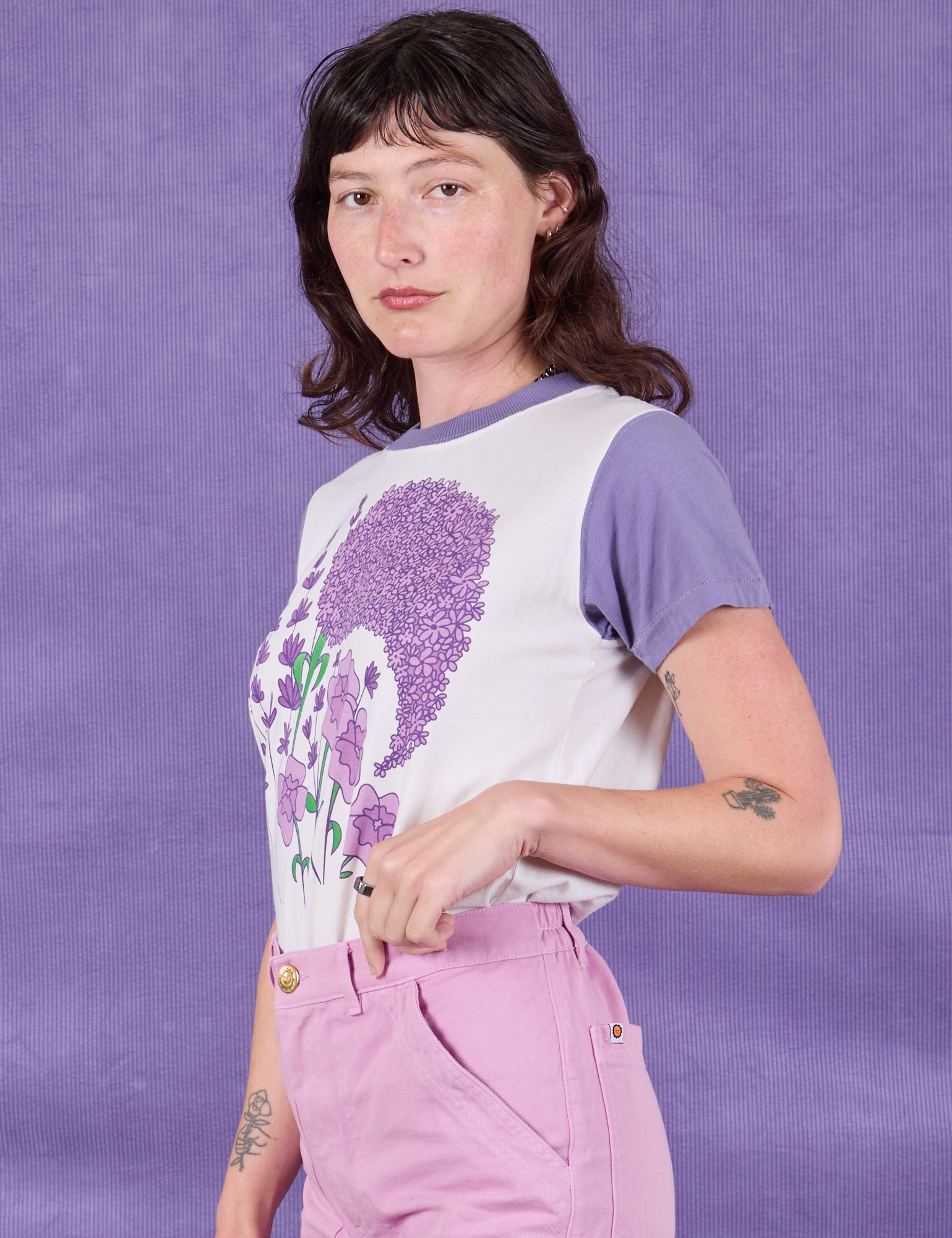 Anniversary Tee in Lush Lilac side view on Alex