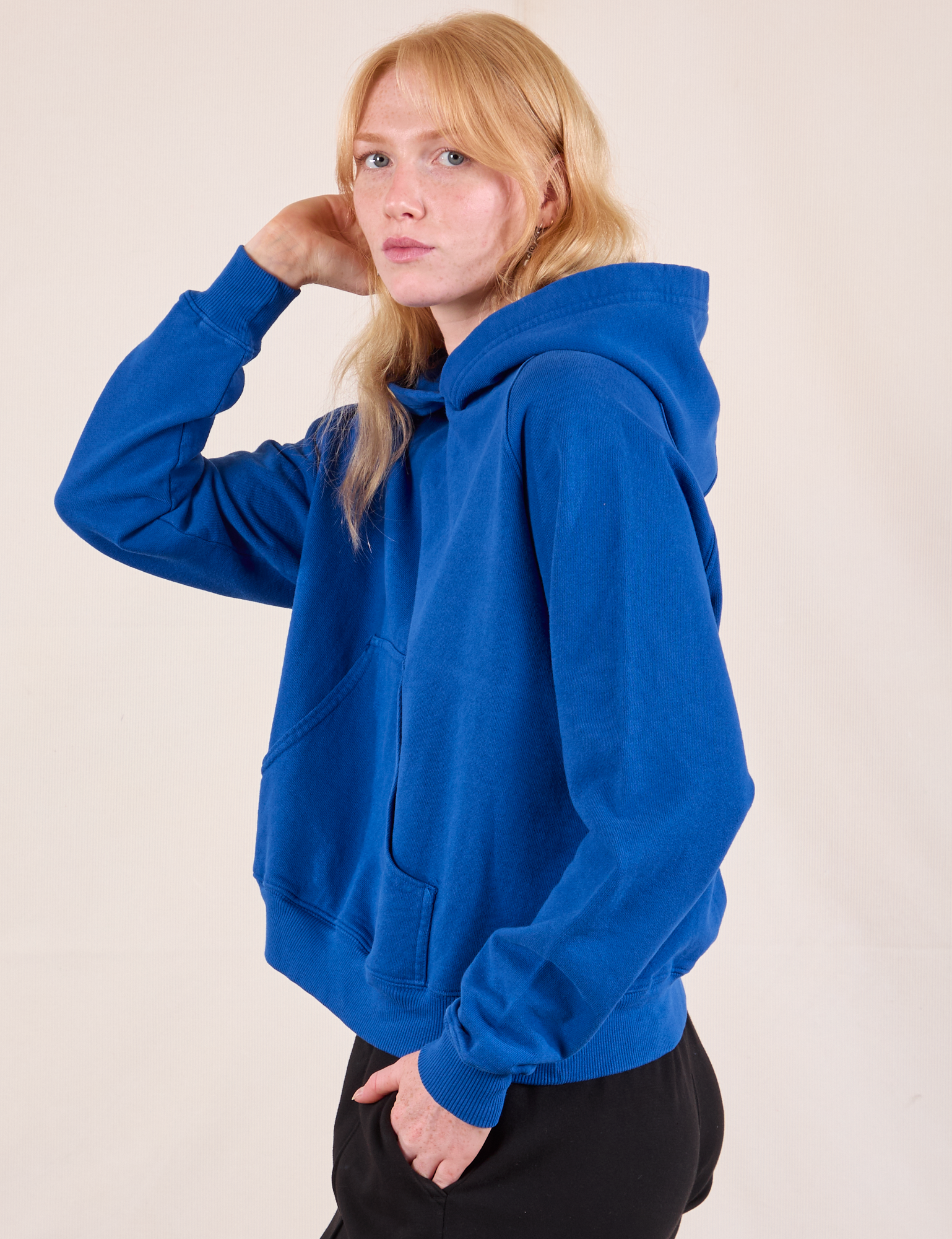 Oversized Hoodie in Royal Blue side view on Margaret