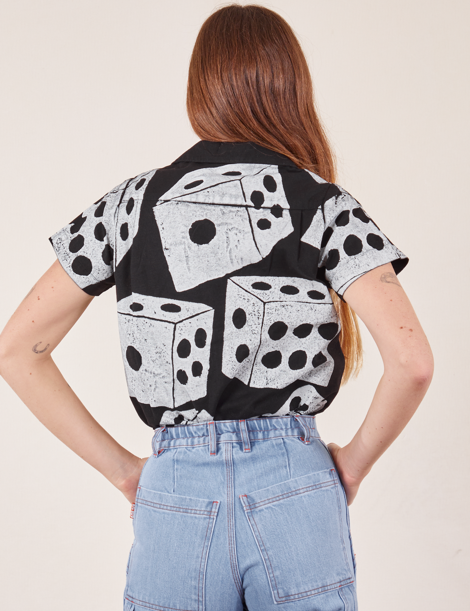 Back view of Icon Pantry Button-Up in Dice on Scarlett
