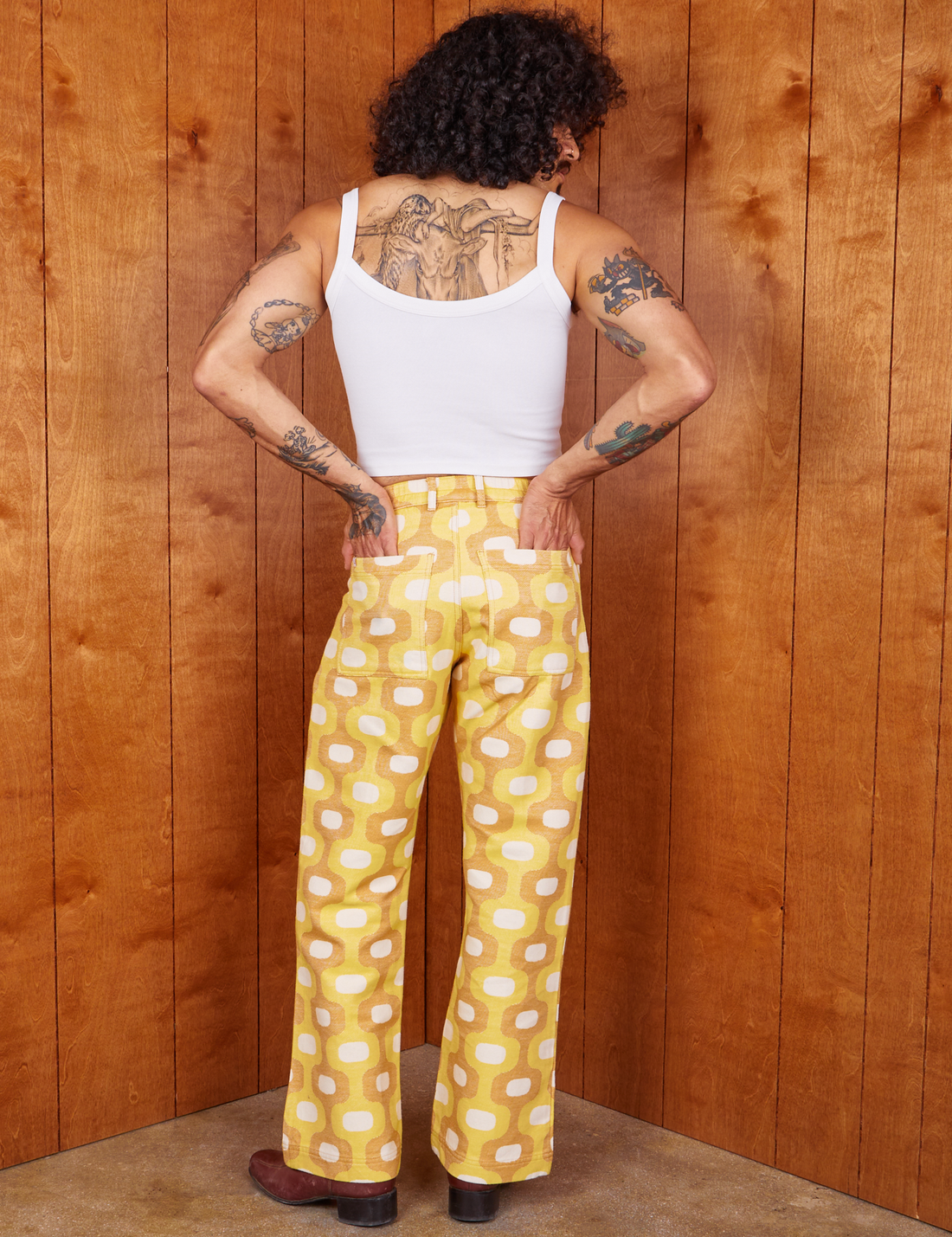 Back view of Western Pants in Yellow Jacquard worn by Jesse