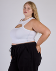 Side View of Juliet in the Vintage Tee White Porthole Tank