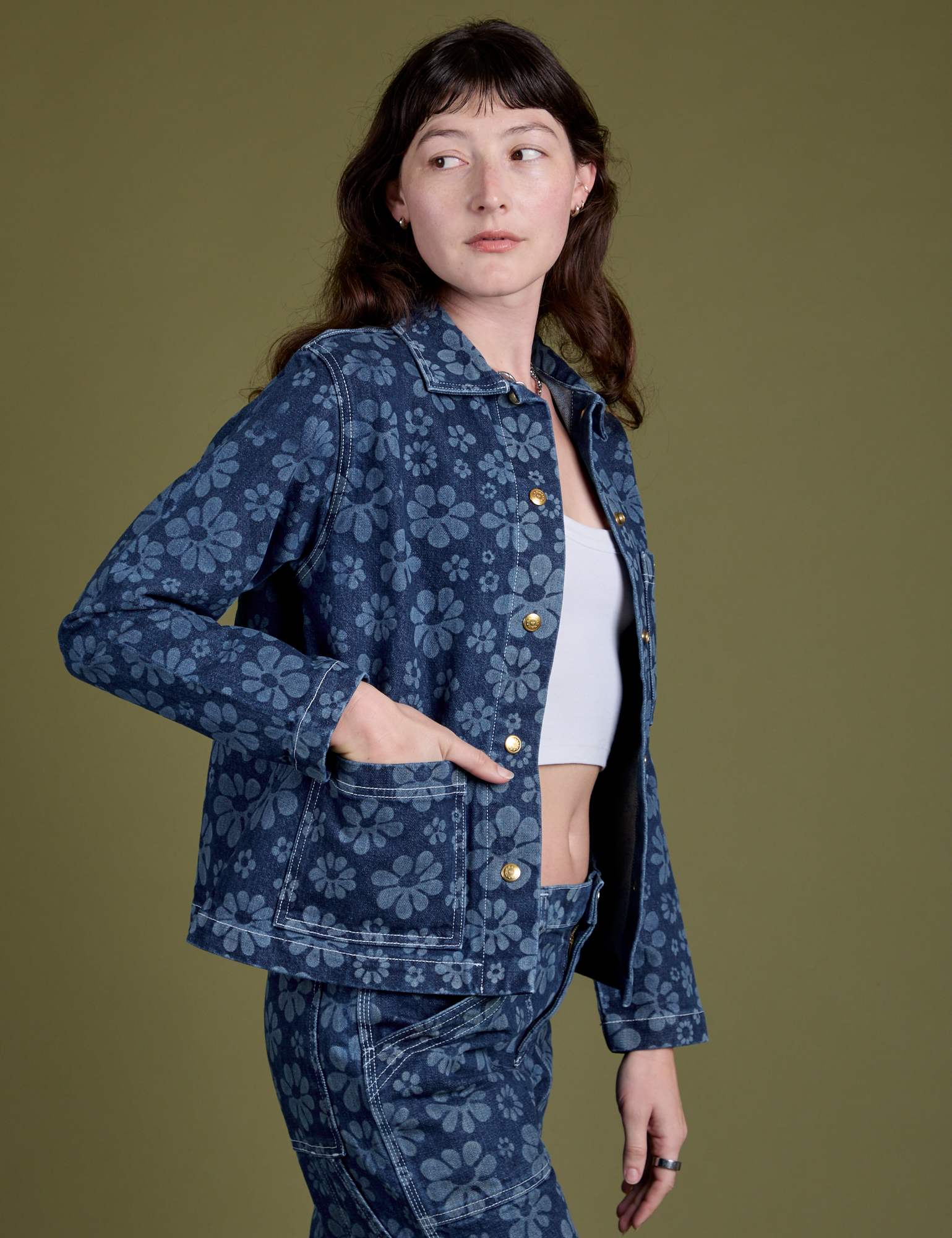 Angled front view of Lazy Daisy Work Jacket on Alex