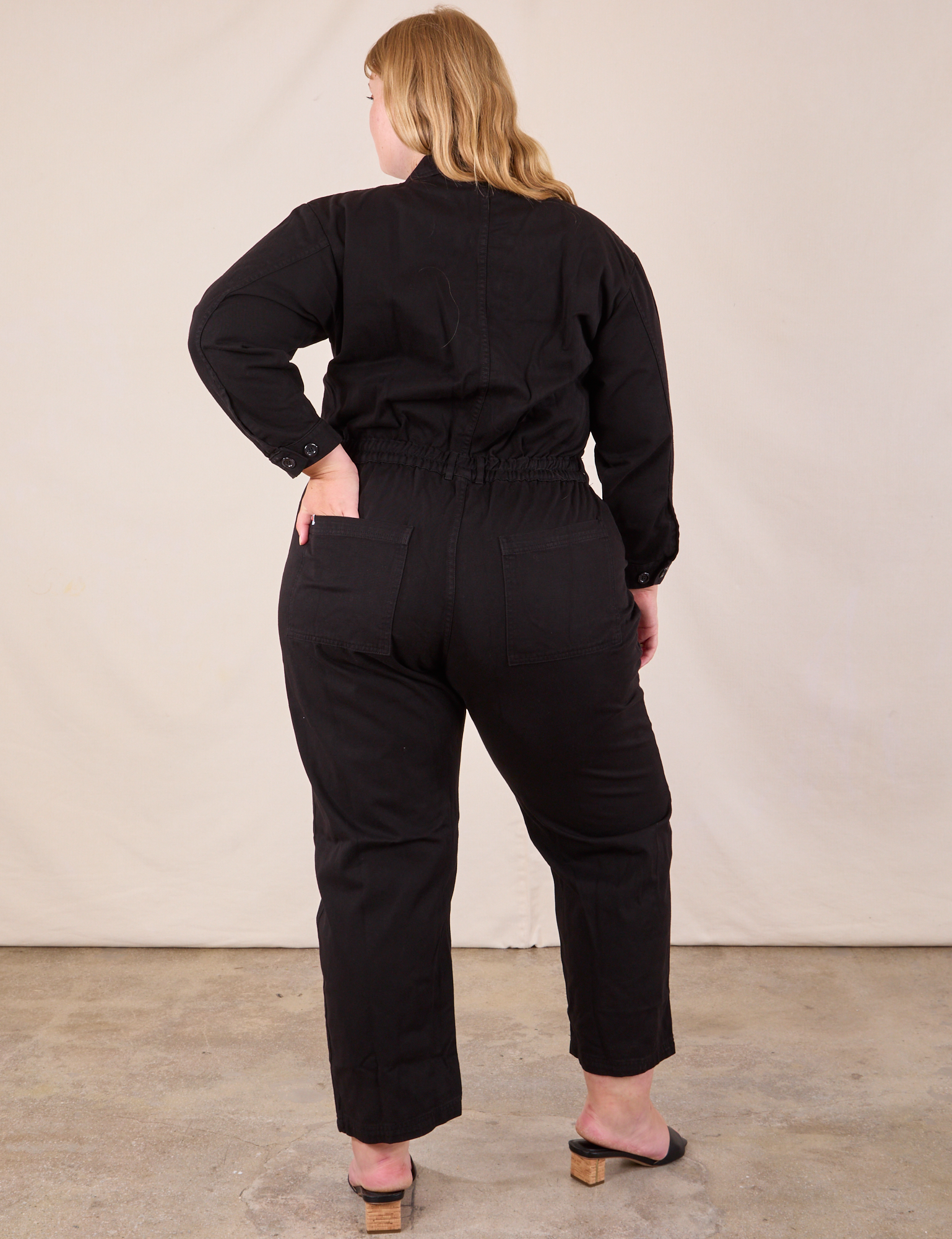 Long Sleeve Jumpsuit in Basic Black back view on Juliet