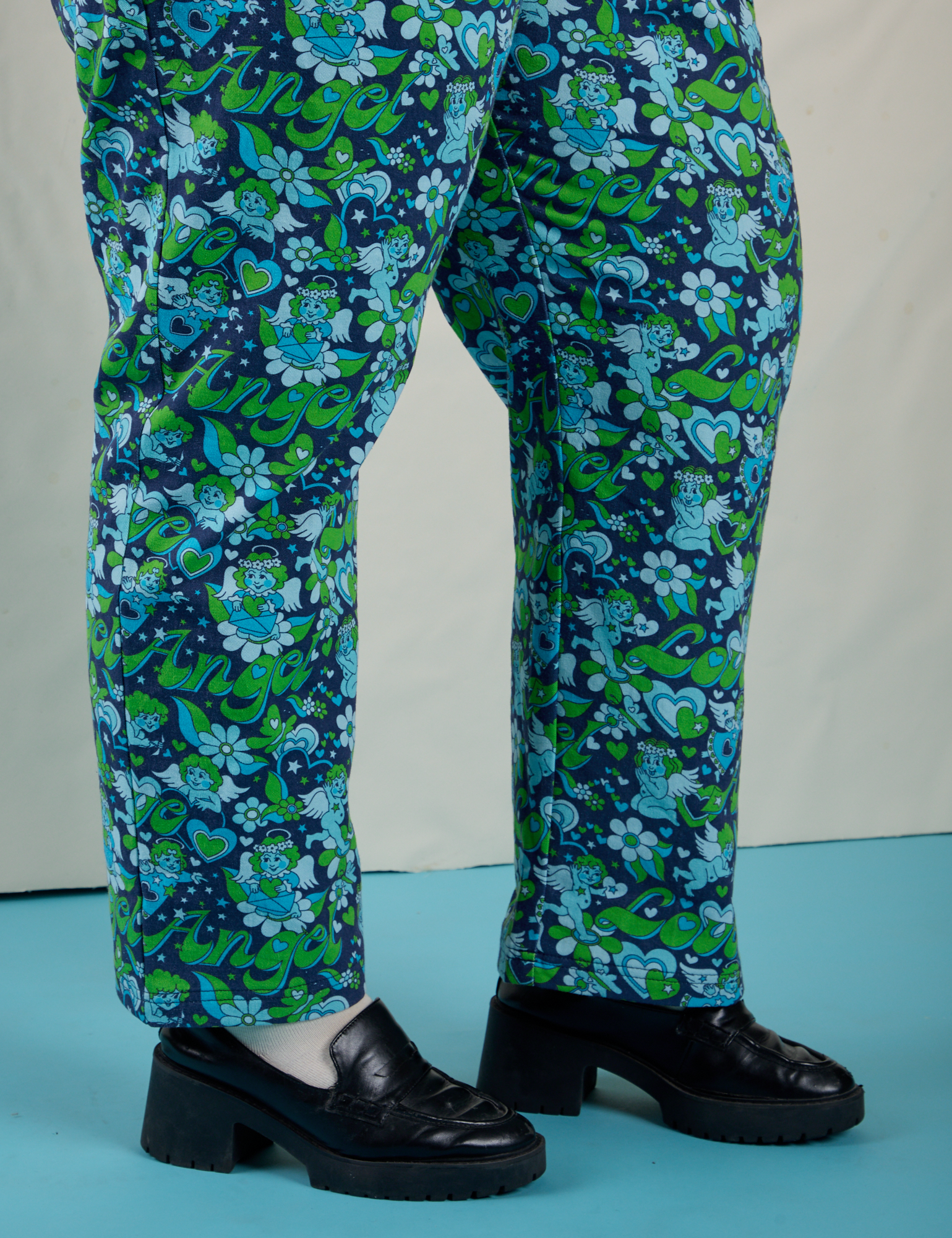 Work Pants in Angel Print pant leg close up on Juliet